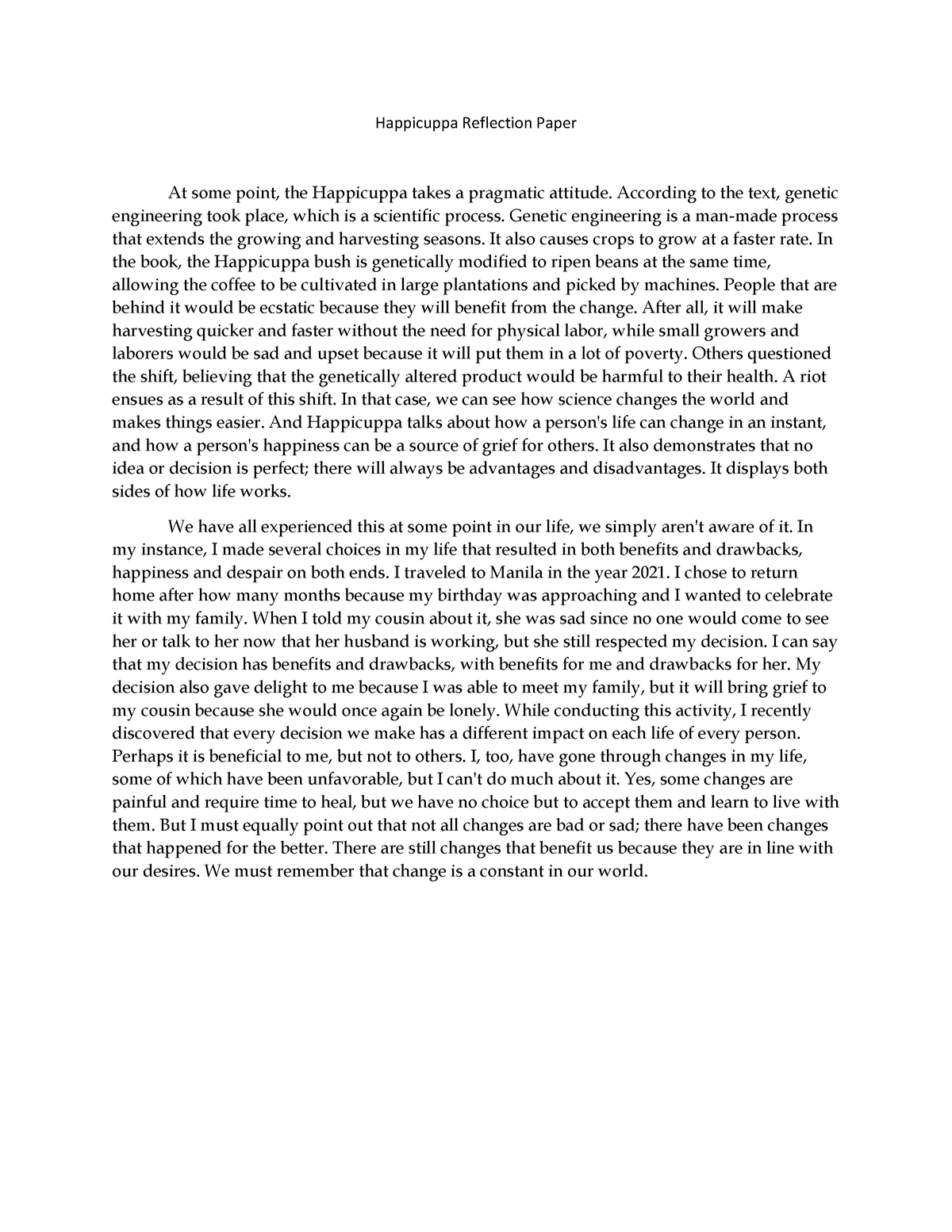 Happicuppa Reflection Paper - According to the text, genetic ...