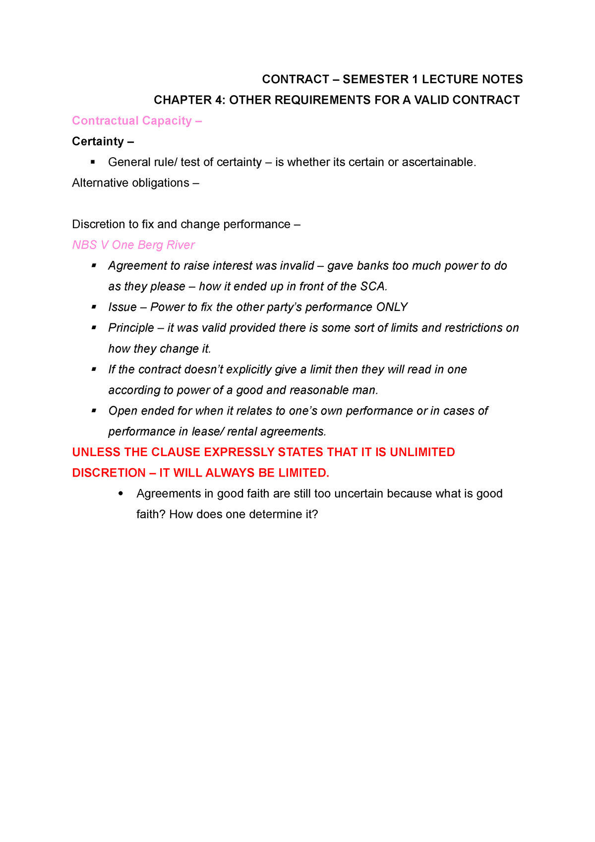 Chapter 4 Lecture Notes - CONTRACT – SEMESTER 1 LECTURE NOTES CHAPTER 4 ...