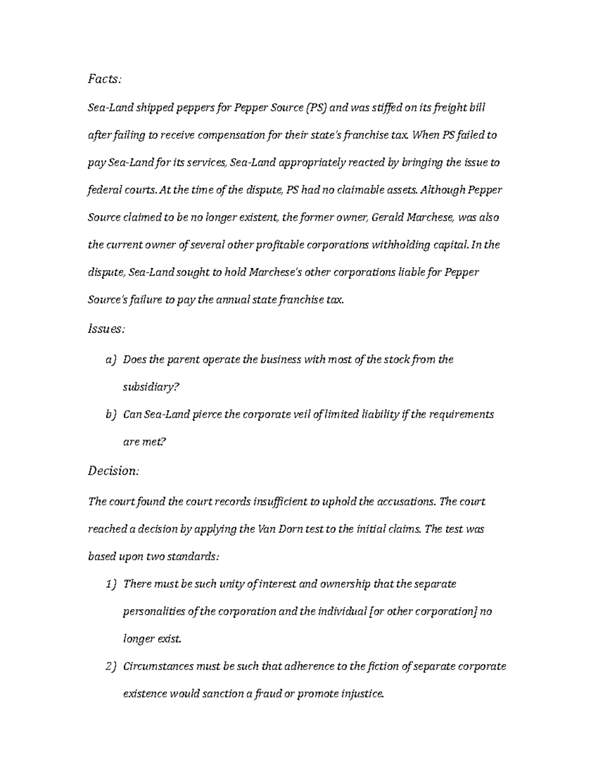 Docx case brief Facts SeaLand shipped peppers for Pepper Source