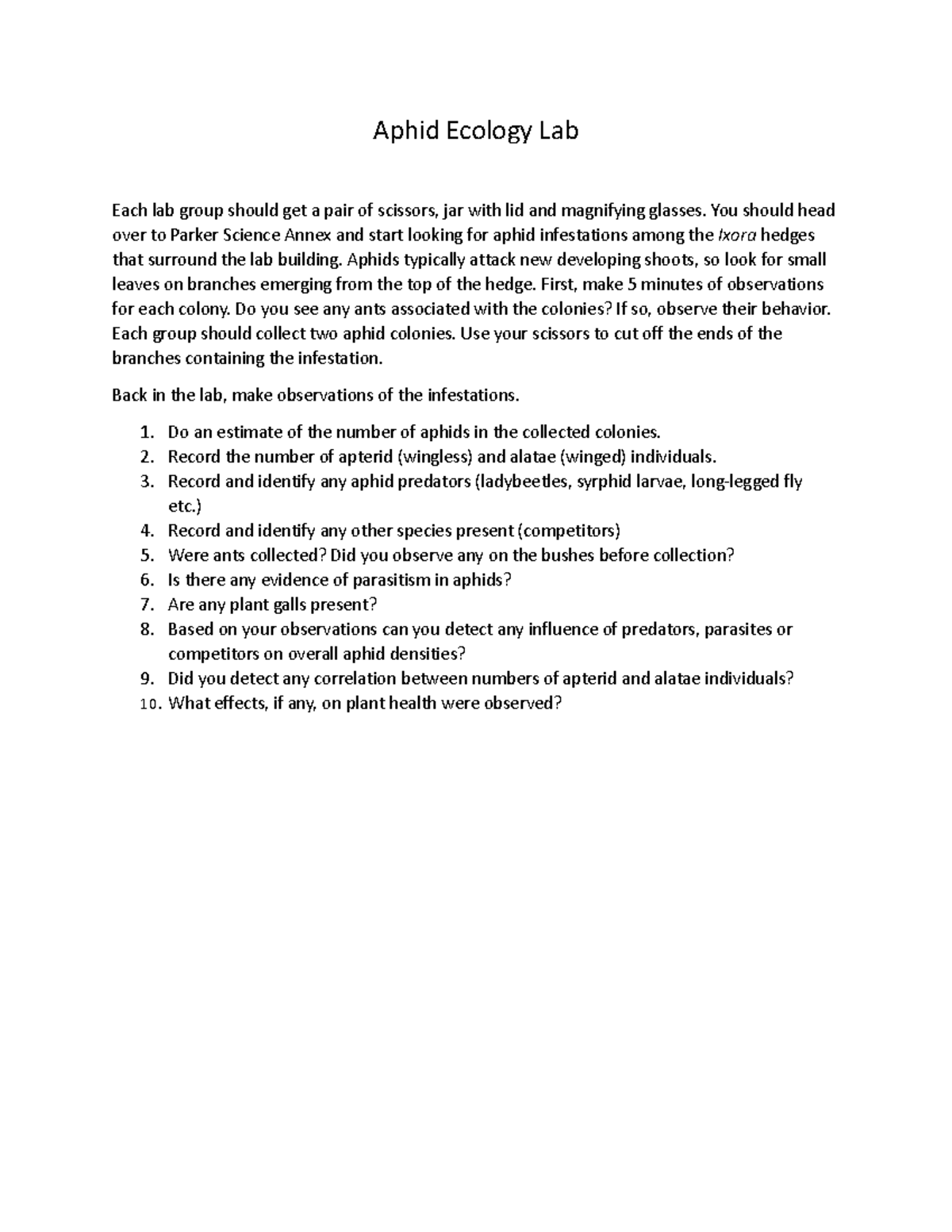 Aphid Ecology Lab Worksheet Aphid Ecology Lab Each lab group should
