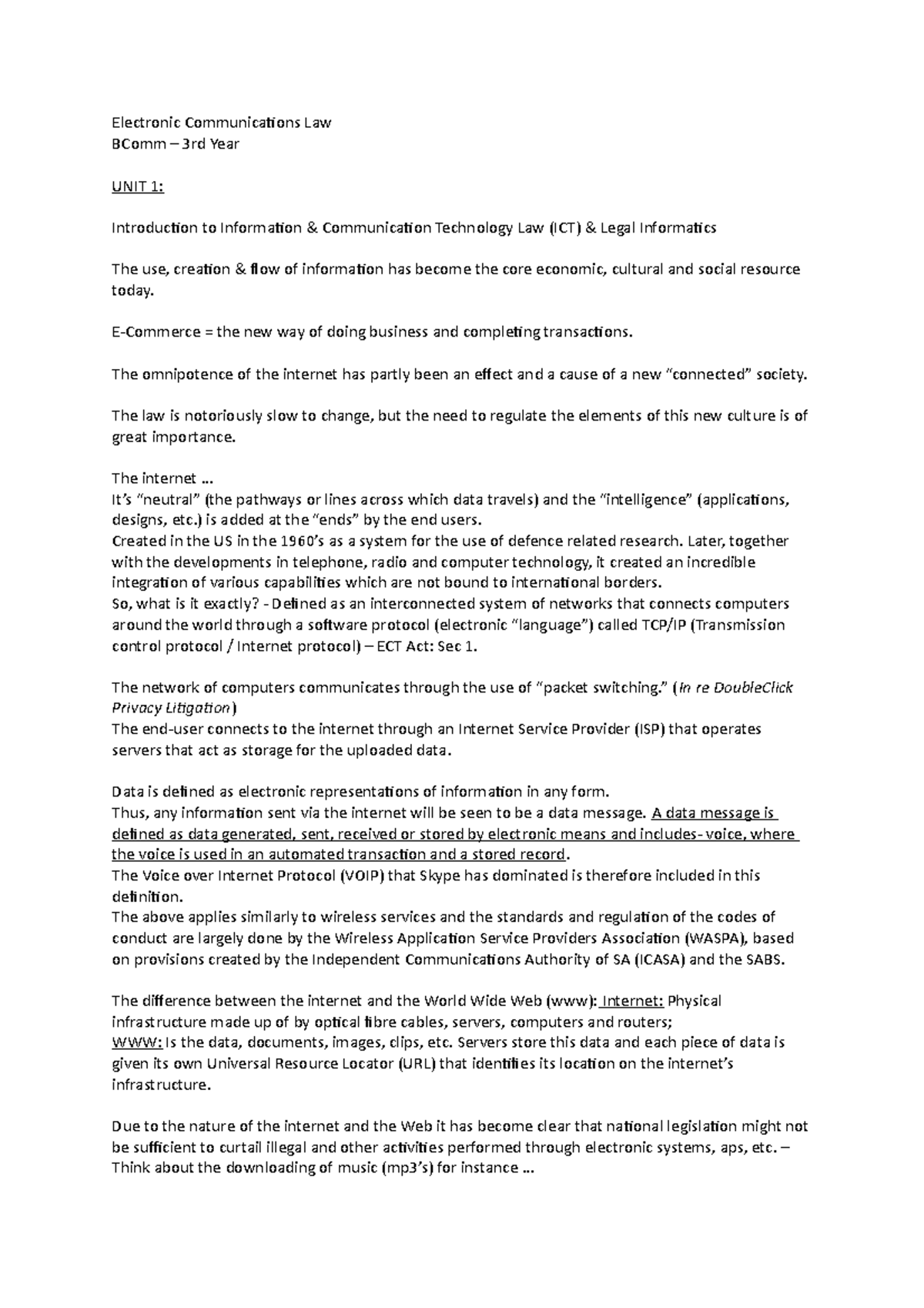 Communications Law1 Electronic Communications Law 3rd Year