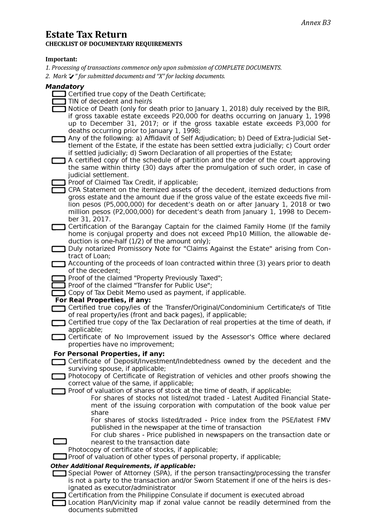 Annex B3 2022 Form Very Useful Annex B Estate Tax Return CHECKLIST OF 