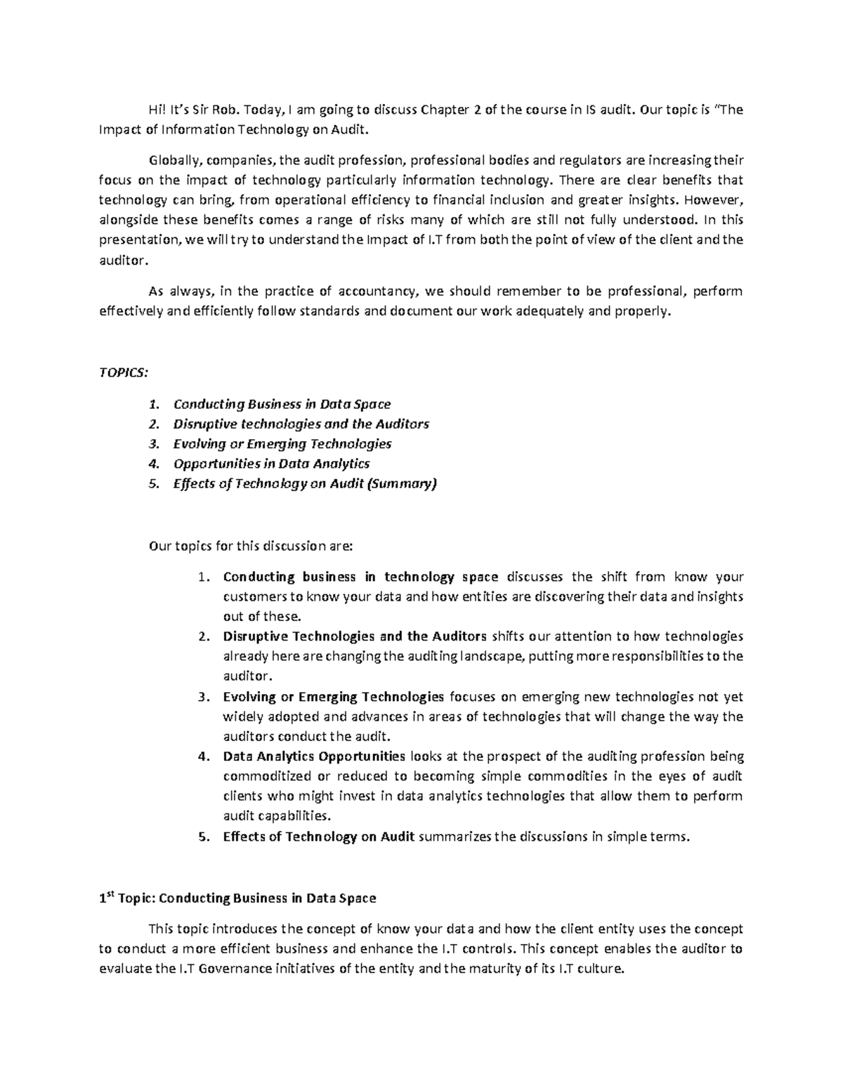 PR 108 Information Technology Audit CH02 Hi It s Sir Rob Today I