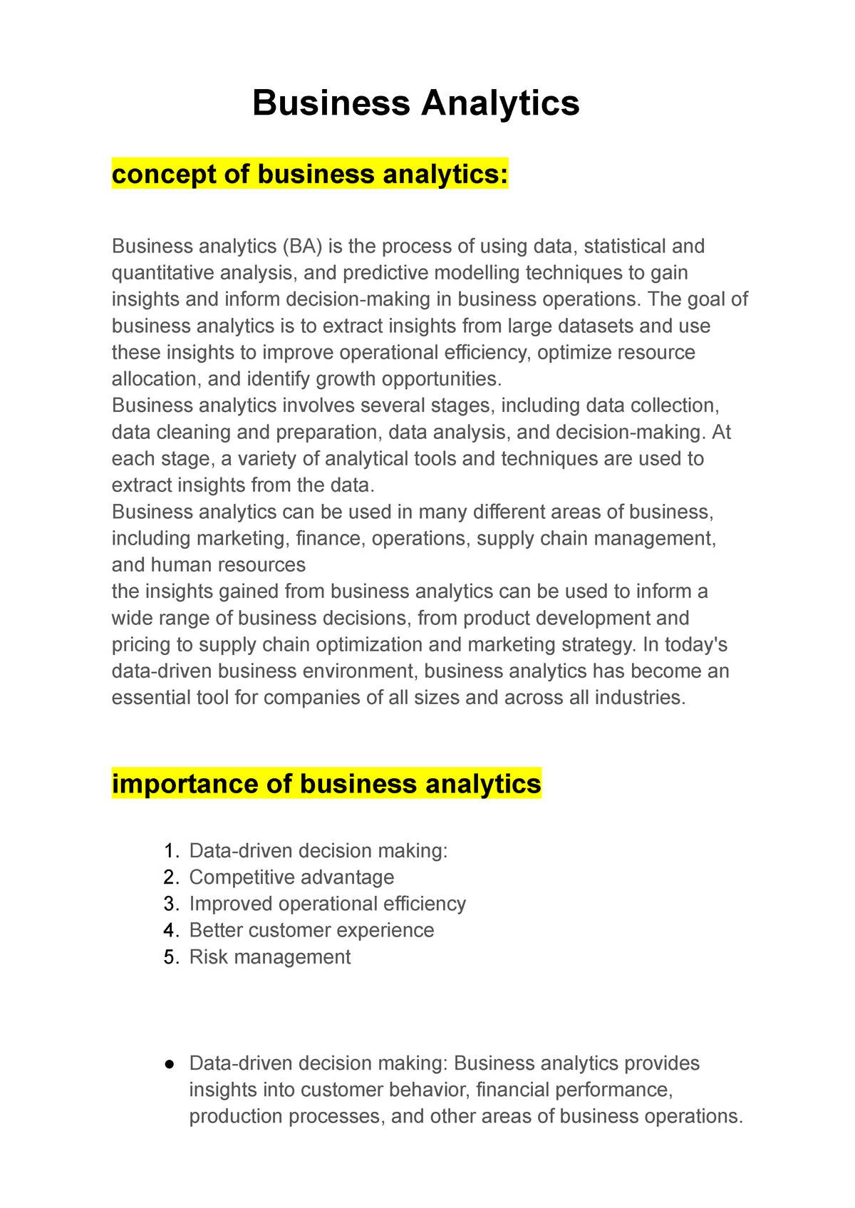 Business Analytics - notes - Business Analytics concept of business ...