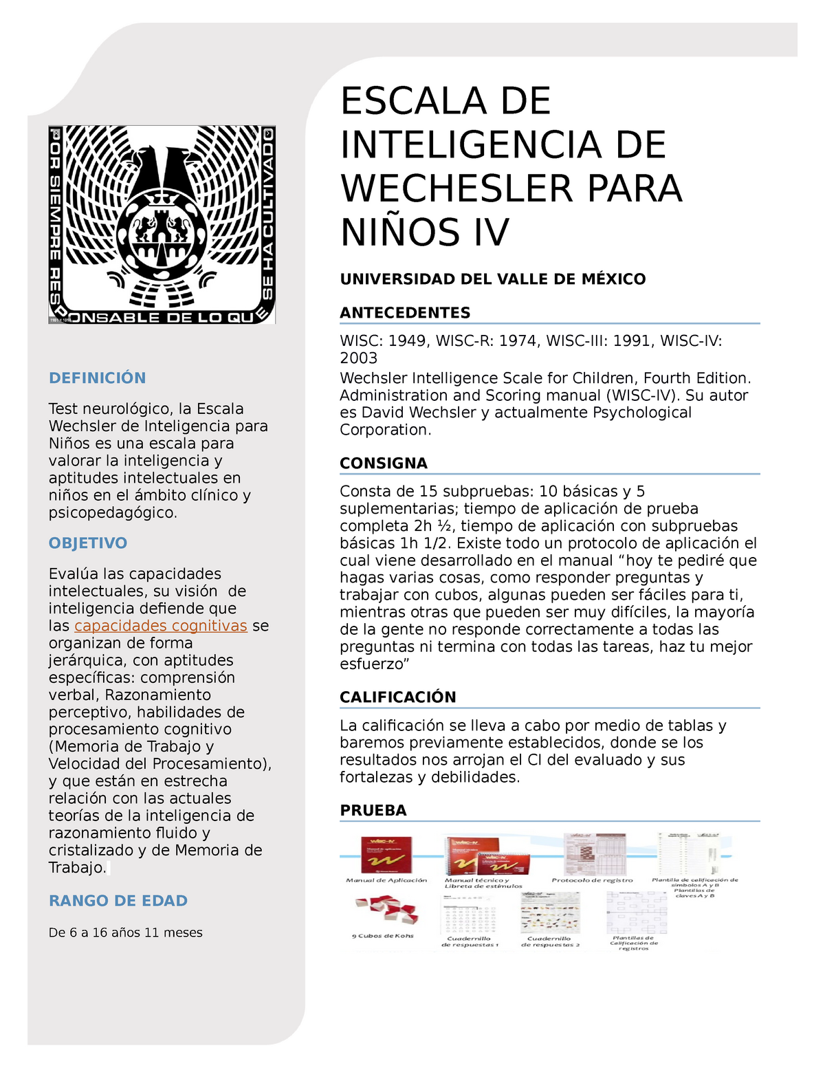 Ficha Técnica WIsc - Prueba - ESCALA DE INTELIGENCIA DE WECHESLER PARA NIÑOS IV UNIVERSIDAD DEL ...