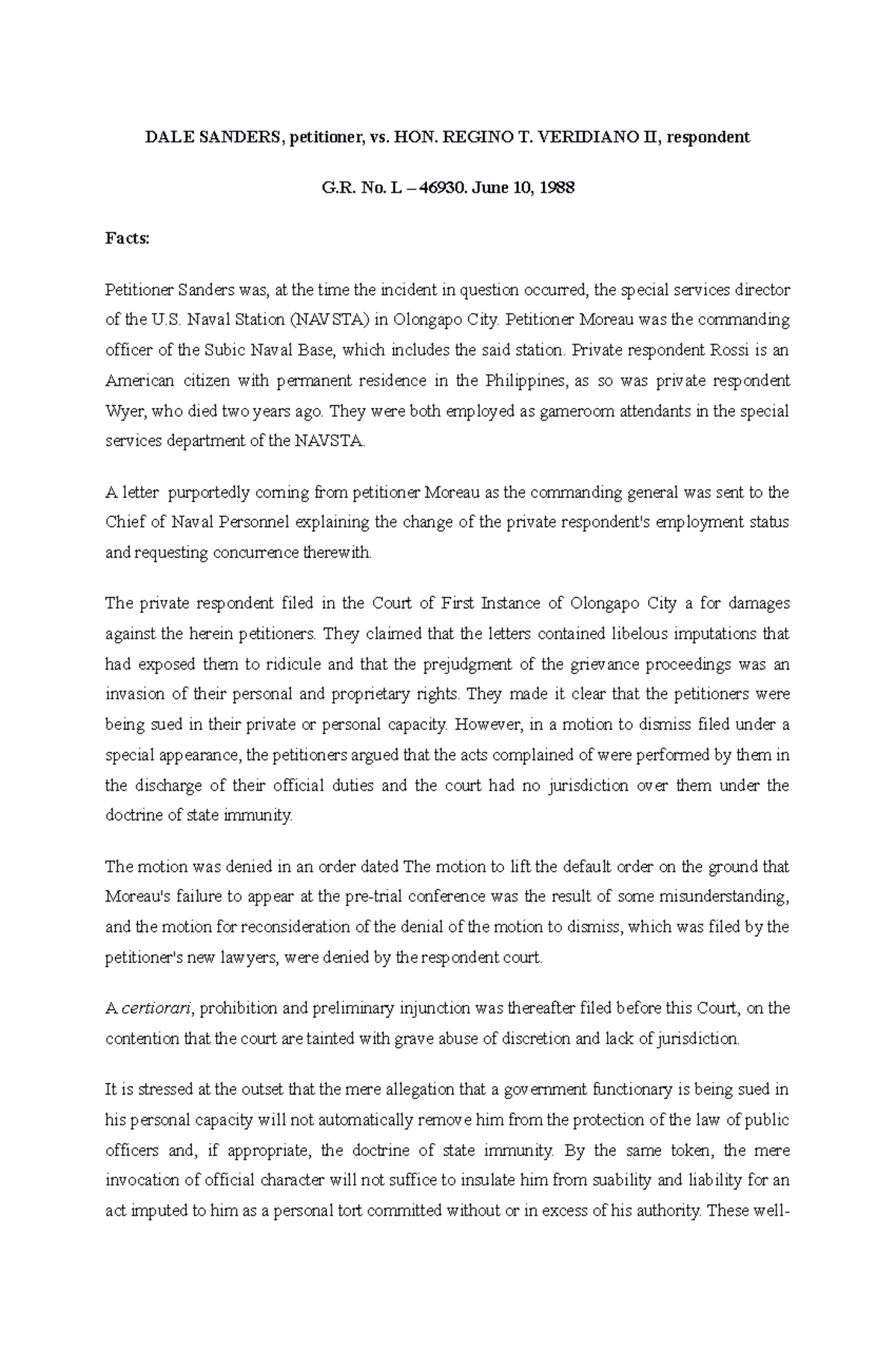 Sanders v veridiano digest DALE SANDERS, petitioner, vs. HON. REGINO