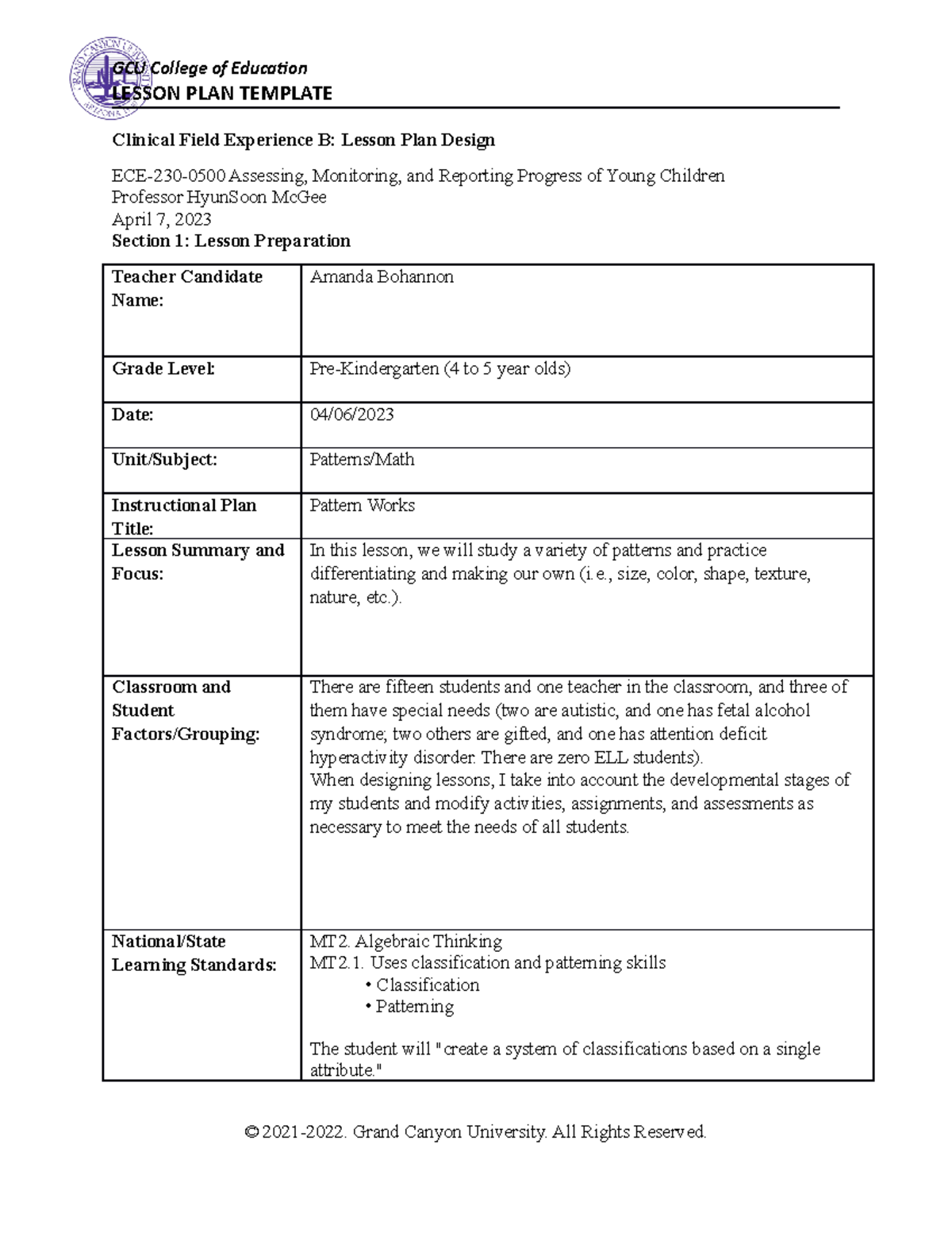 Clinical Field Experience B Lesson Plan Design - LESSON PLAN TEMPLATE ...