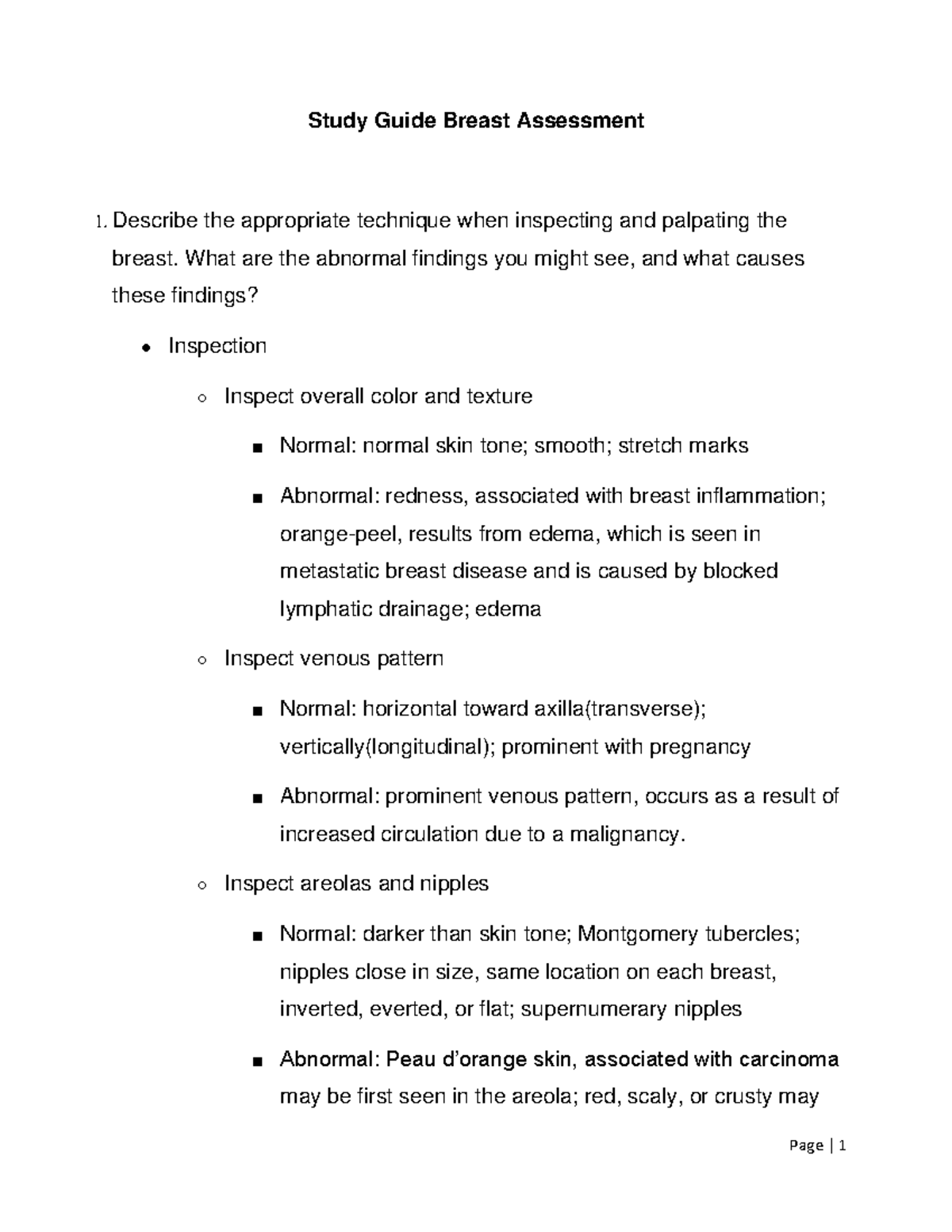 Study Guide Breast Assessment Describe The Appropriate Technique When