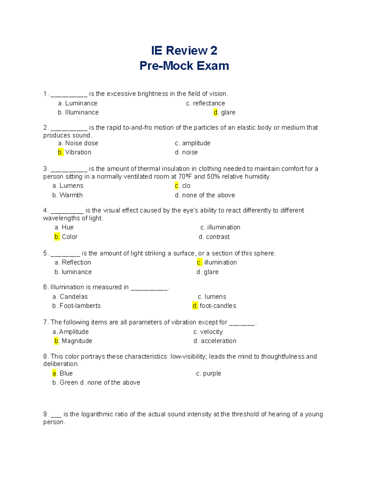 IE Review 2 PreMock Exam Key Answer Industrial Engineering DLSU