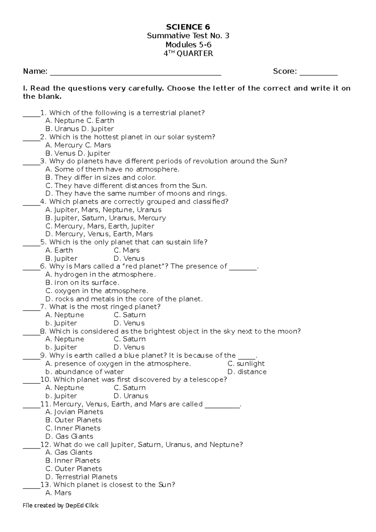 SCI6 ST3 Q4 - Academic Module - SCIENCE 6 Summative Test No. 3 Modules ...