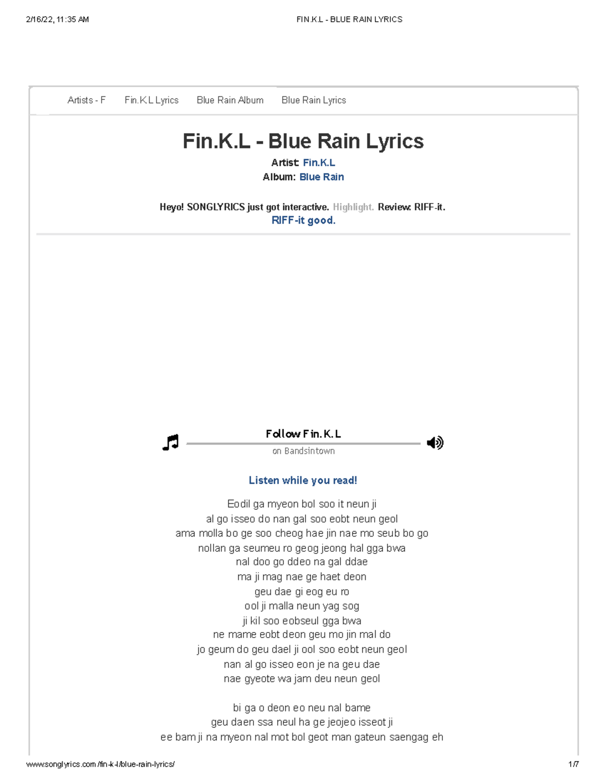 FIN.K.L BLUE RAIN Lyrics Artists F Fin.K Lyrics Blue Rain Album