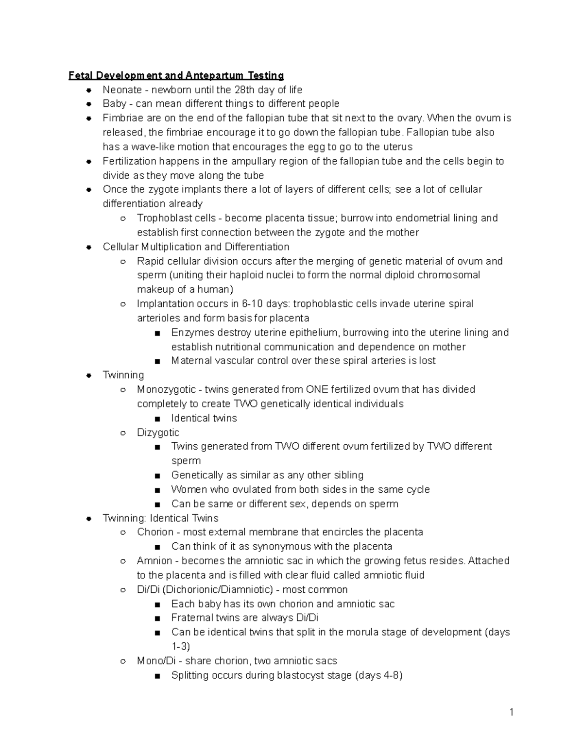 OB Class 2 - Lecture notes - Fetal Development and Antepartum Testing ...