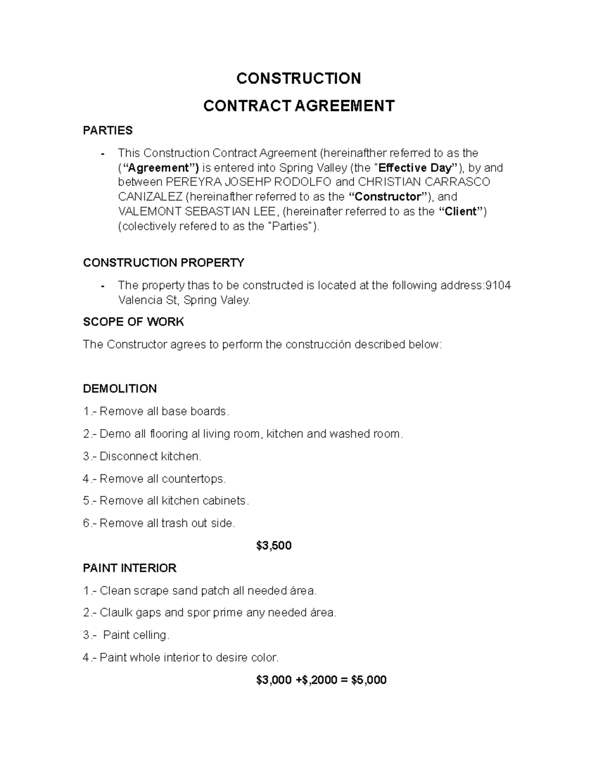 Construction - contract - CONSTRUCTION CONTRACT AGREEMENT PARTIES ...