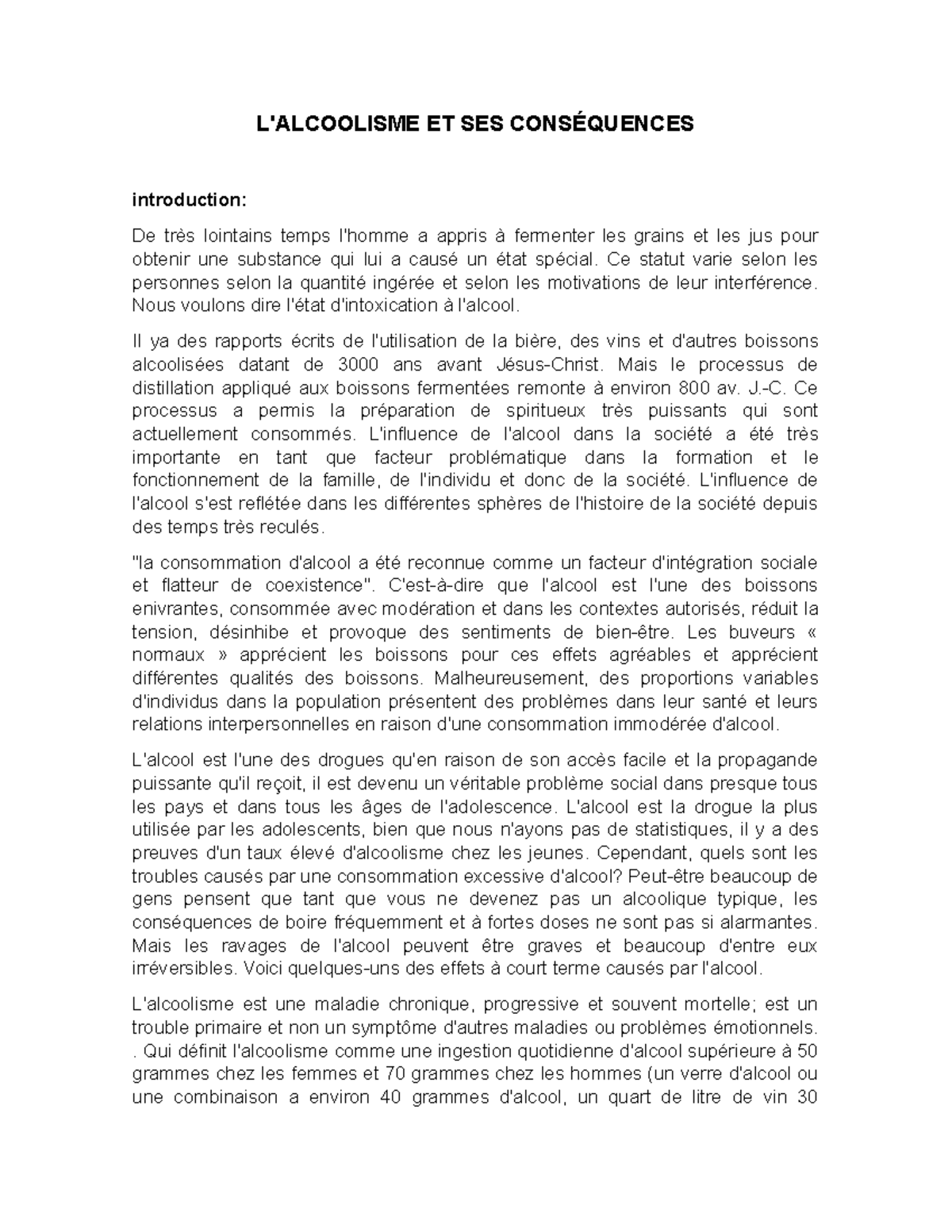 introduction de dissertation alcools