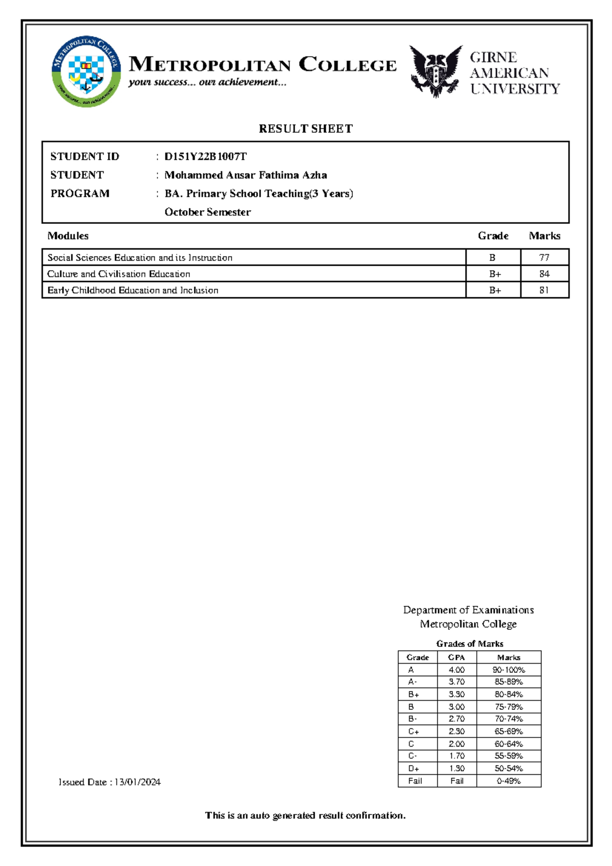 Semester 5 - RESULT SHEET STUDENT ID STUDENT PROGRAM : : : BA. Primary ...