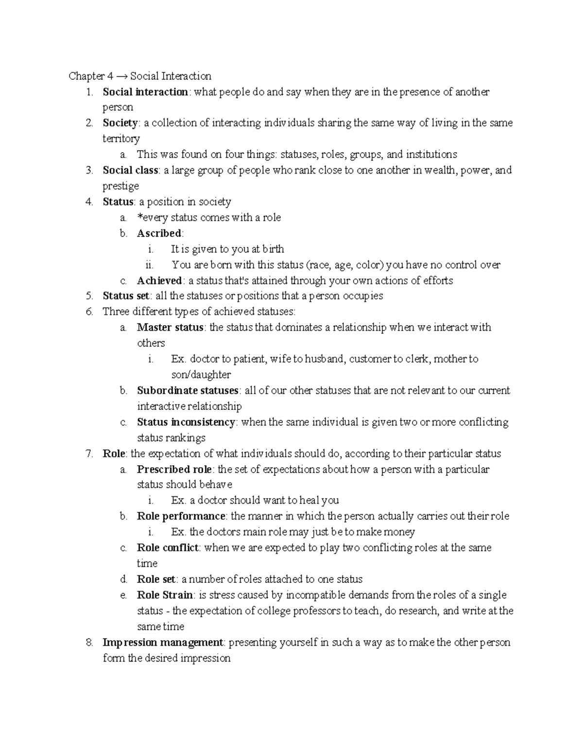 Chapter 4 Notes - Sociology - Chapter 4 → Social Interaction 1. Social ...