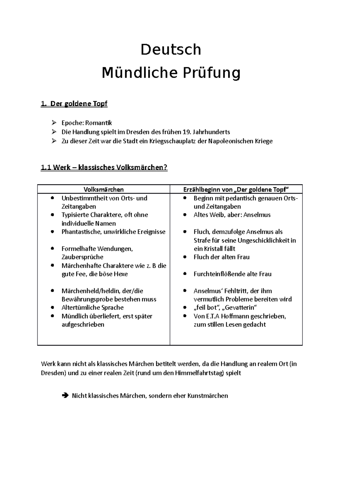 Deutsch Mündliche Prüfung - Der goldene Topf Epoche: Romantik Die