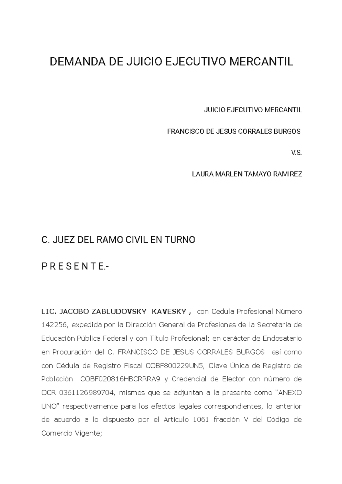 Demanda DE Juicio Ejecutivo Mercantil - DEMANDA DE JUICIO EJECUTIVO ...