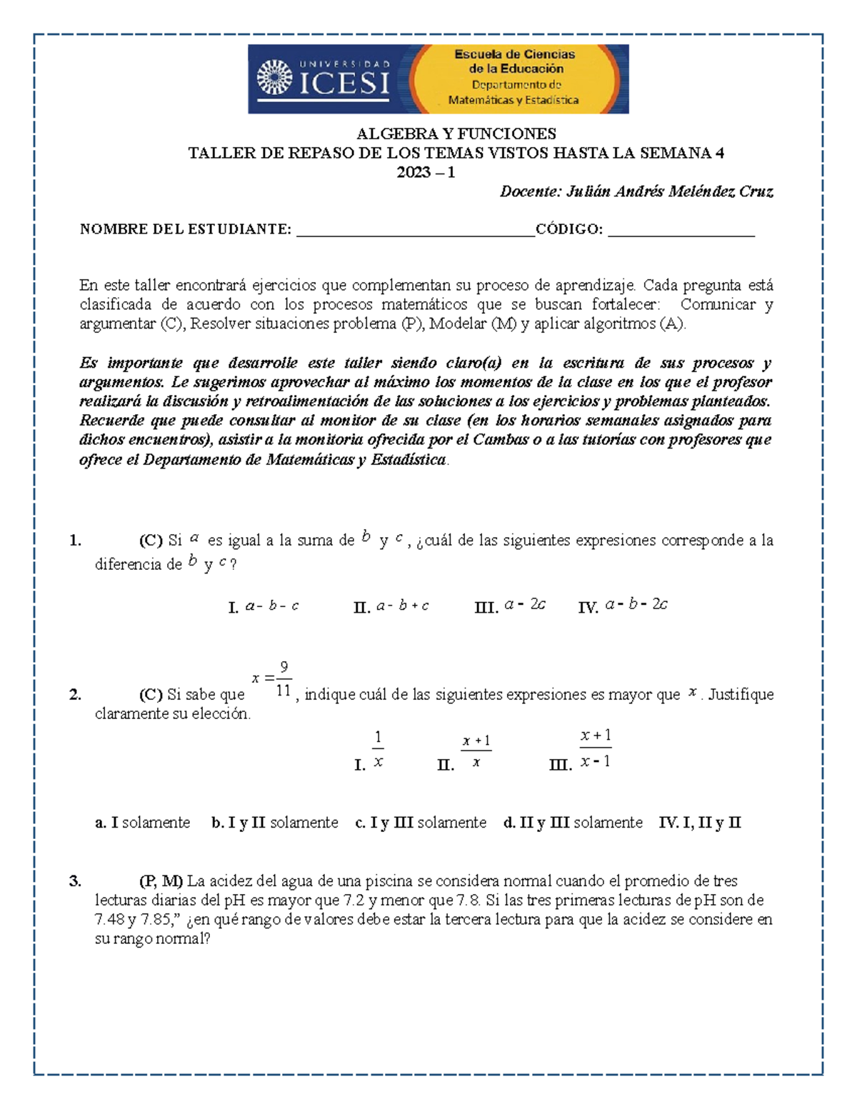 Taller De Repaso 1 - Trabajo En Clase - ALGEBRA Y FUNCIONES TALLER DE ...