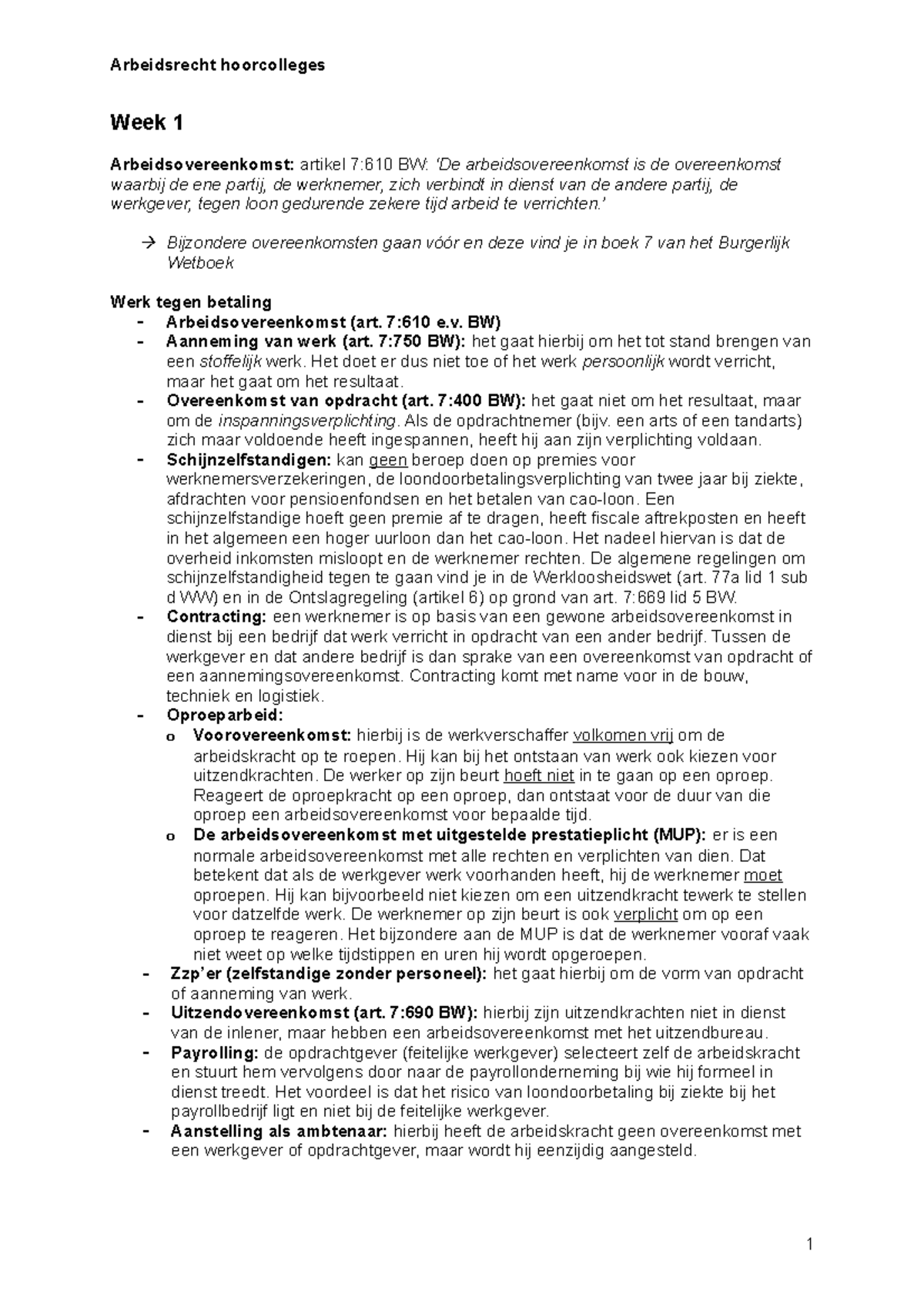 Samenvatting Arbeidsrecht Begrepen College 1-6 - Samenvatting Van De ...