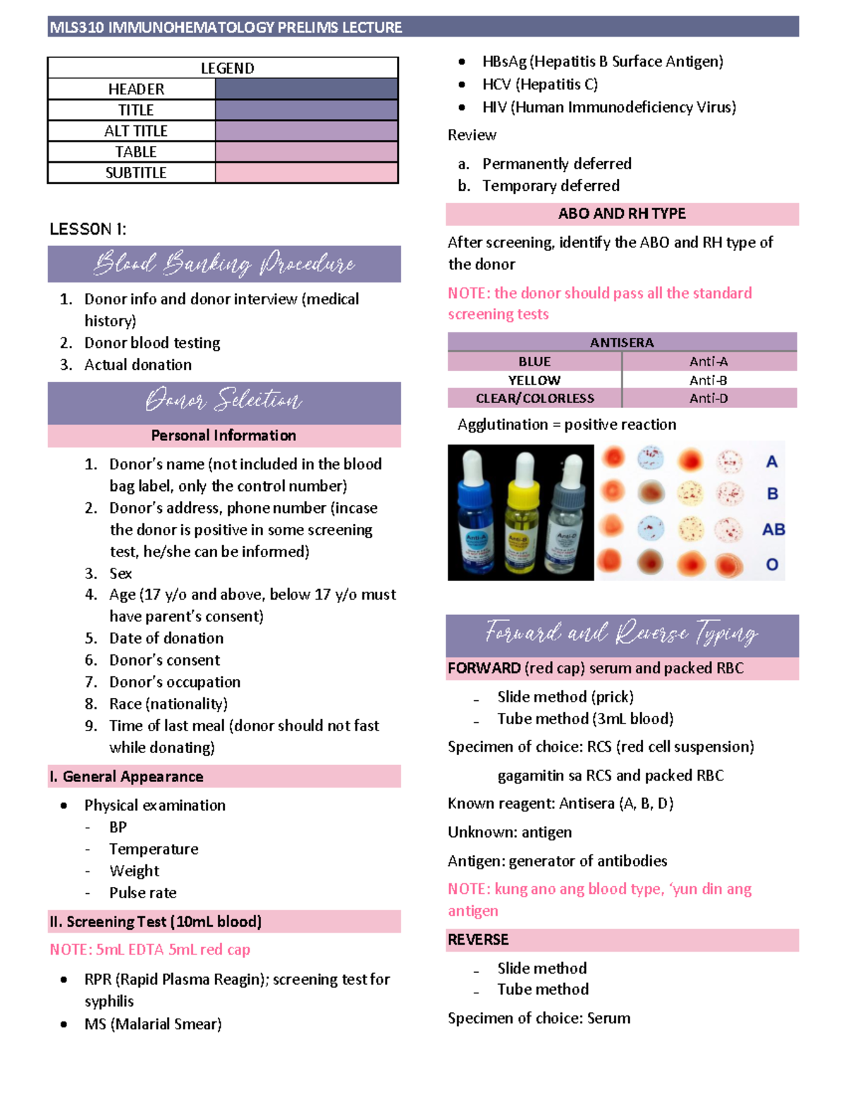 Blood BANK Procedure MLS310 IMMUNOHEMATOLOGY PRELIMS LECTURE LESSON 1
