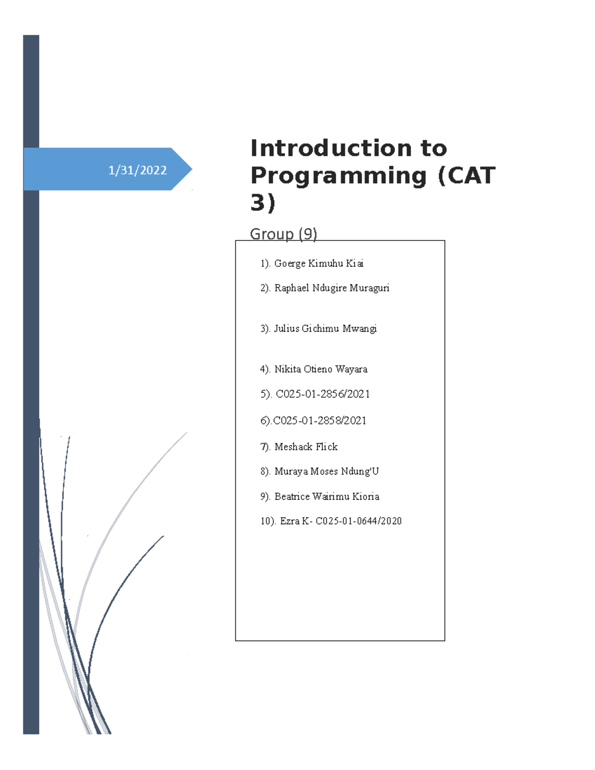 Intro to Programming CAT 3 - 1/31/ Introduction to Programming (CAT 3 ...