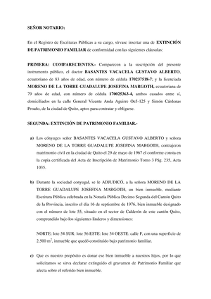 Minuta Extinción de Patrimonio Familiar - SEÑOR NOTARIO: En el Registro de  Escrituras Públicas a su - Studocu