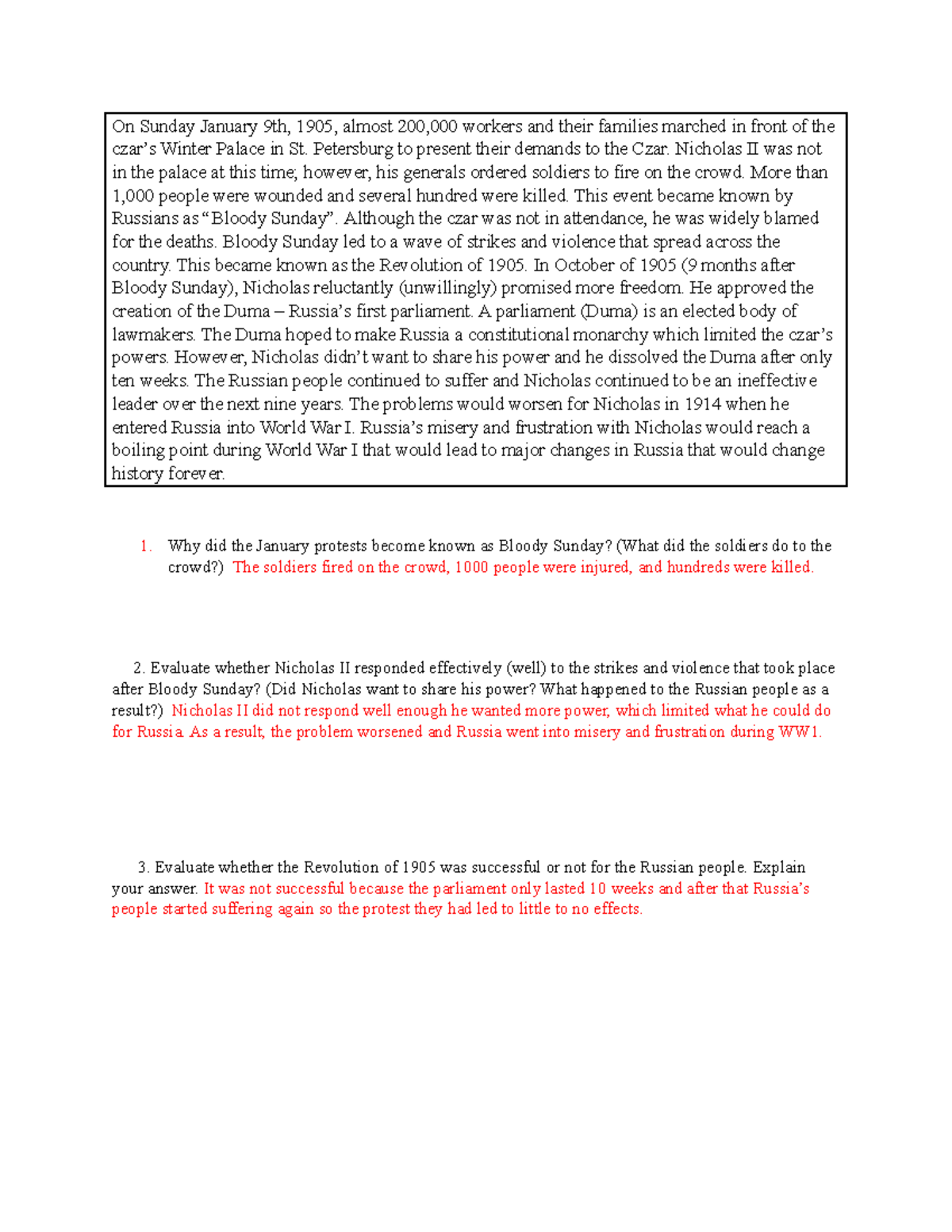 Bloody Sunday Questions - On Sunday January 9th, 1905, almost 200,000 ...