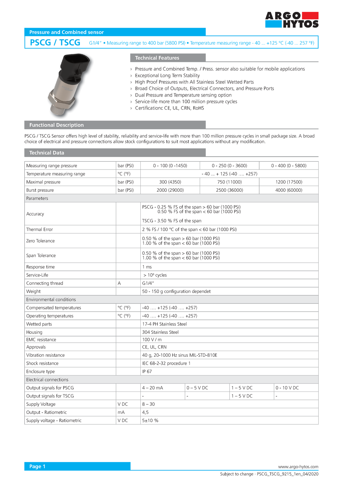 Datasheet PSCG TSCG Ha9215 EN - PSCG / TSCG G1/4“ • Measuring Range To ...