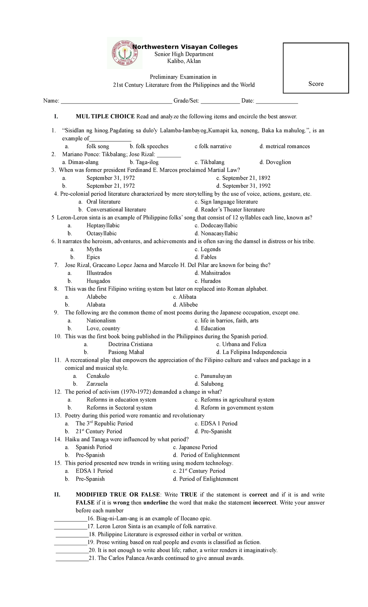 21st EXAM 2ND SEM Exam Northwestern Visayan Colleges Senior High