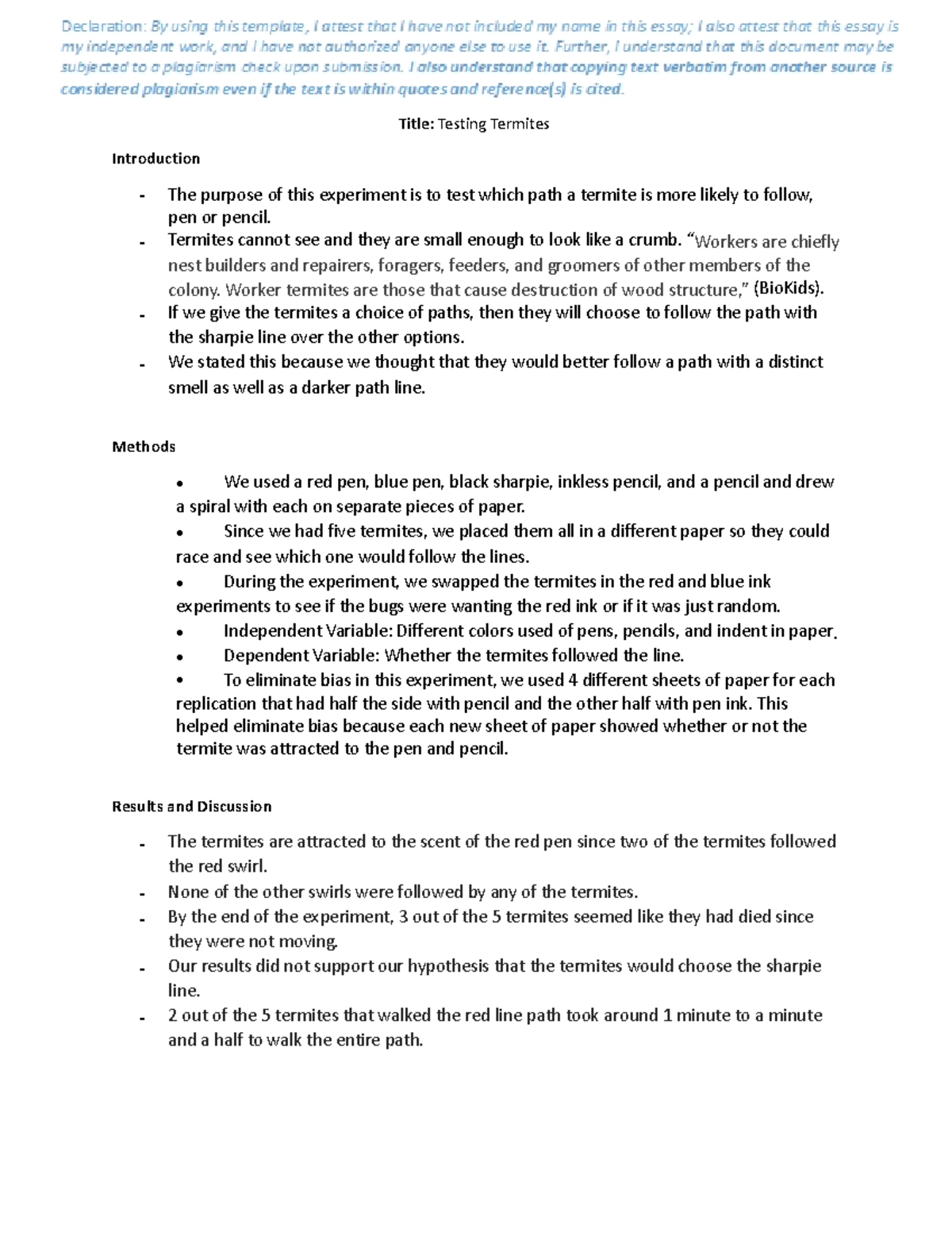 Termite-Report Template - Title: Testing Termites Introduction - The ...