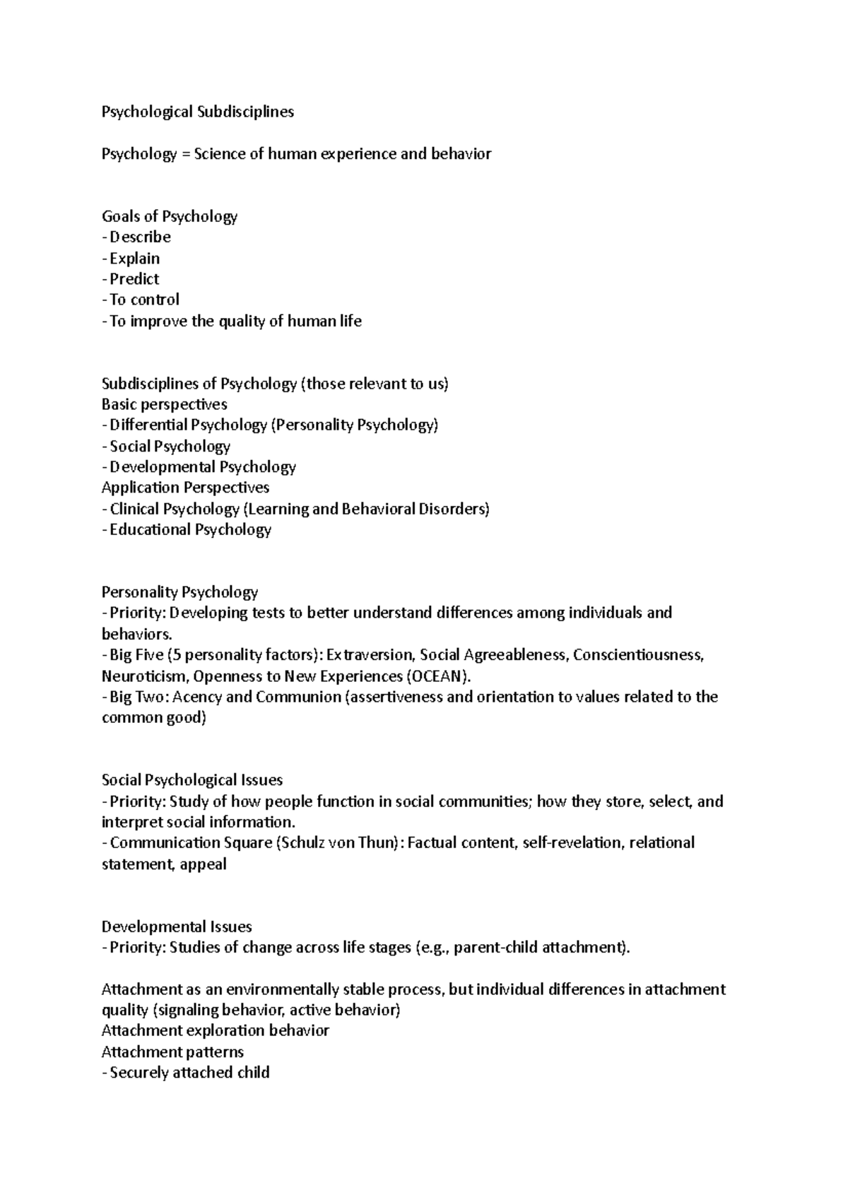 Psychological Subdisciplines - Psychological Subdisciplines Psychology ...