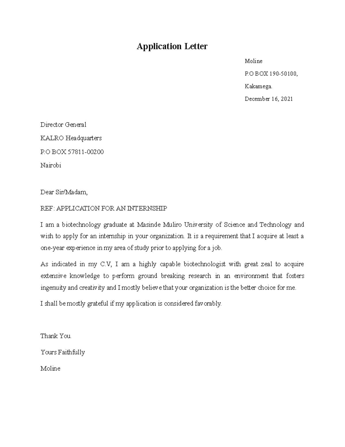 Application Letter - Application Letter Moline P BOX 190-50100 ...