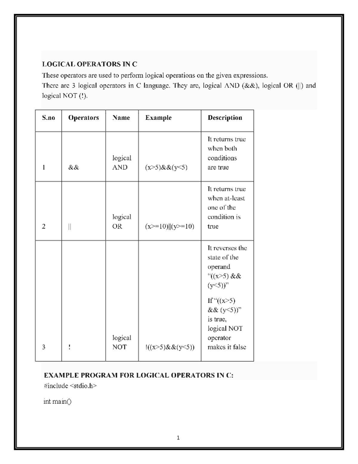Logical Operators in C - int main() { int m=40,n=20; int o=20,p=30; if ...