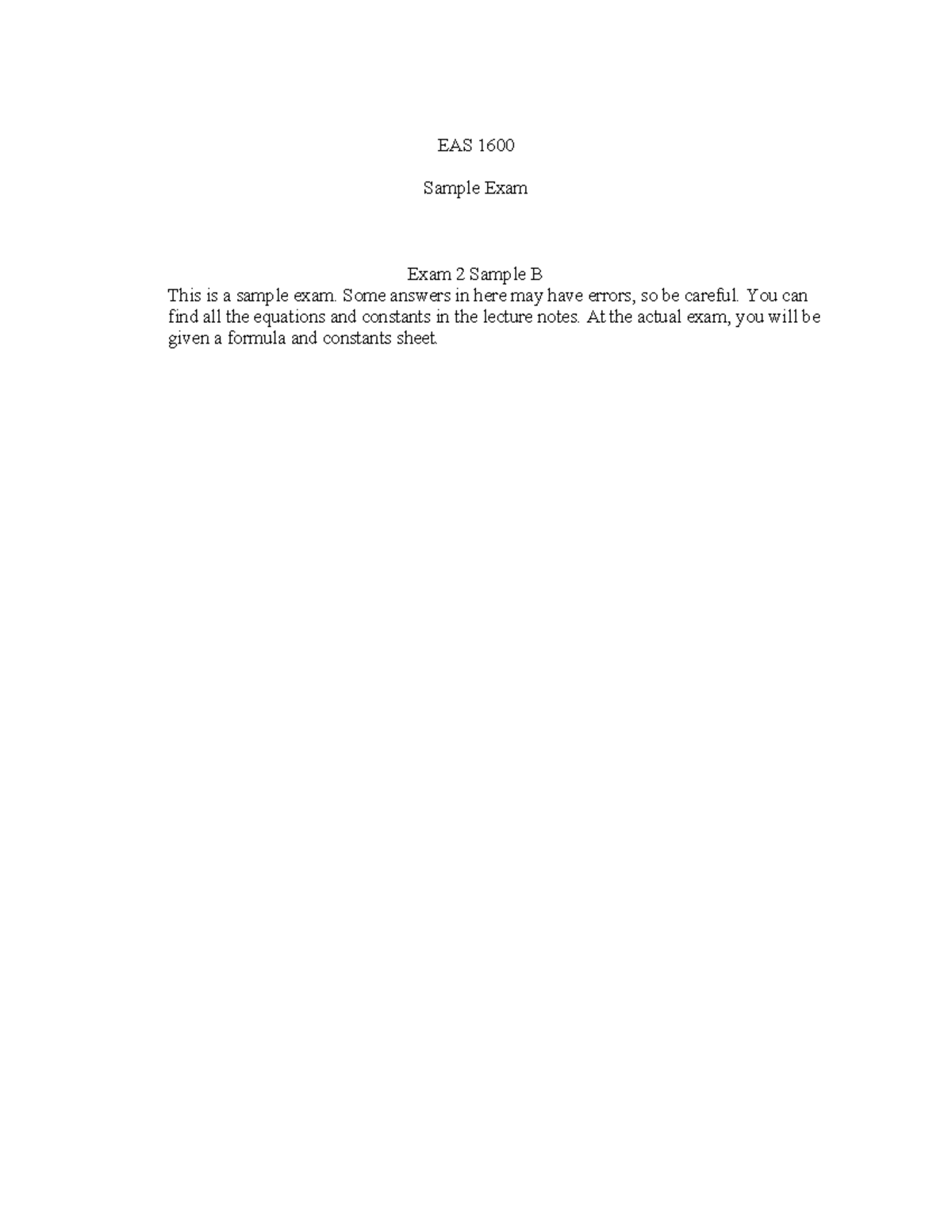 Exam+2-Sample+B - Exam Solutions - ####### EAS 1600 Sample Exam Exam 2 ...