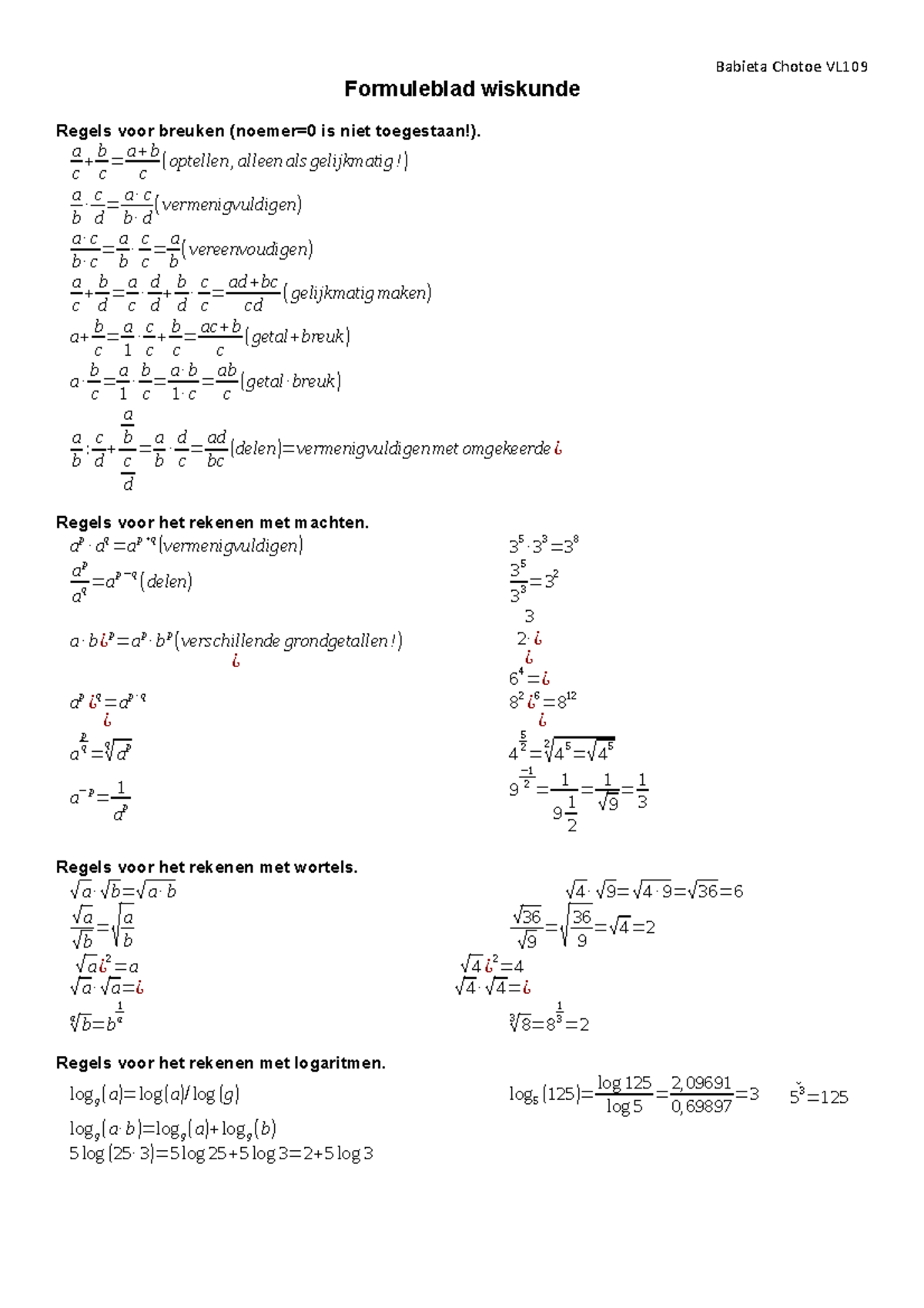 Formuleblad - A C +b C =a+b C (optellen,alleenals Gelijkmatig!) A B ∙c ...