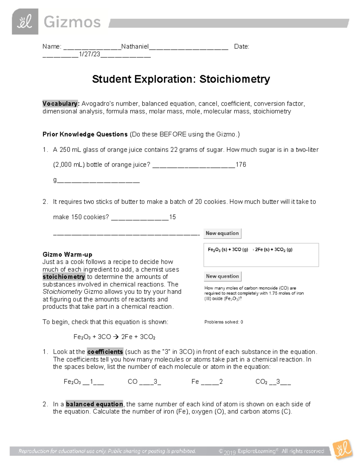 Stoichiometry SE-1 - Name: Nathaniel______ Date: 1/27/23____ Student ...