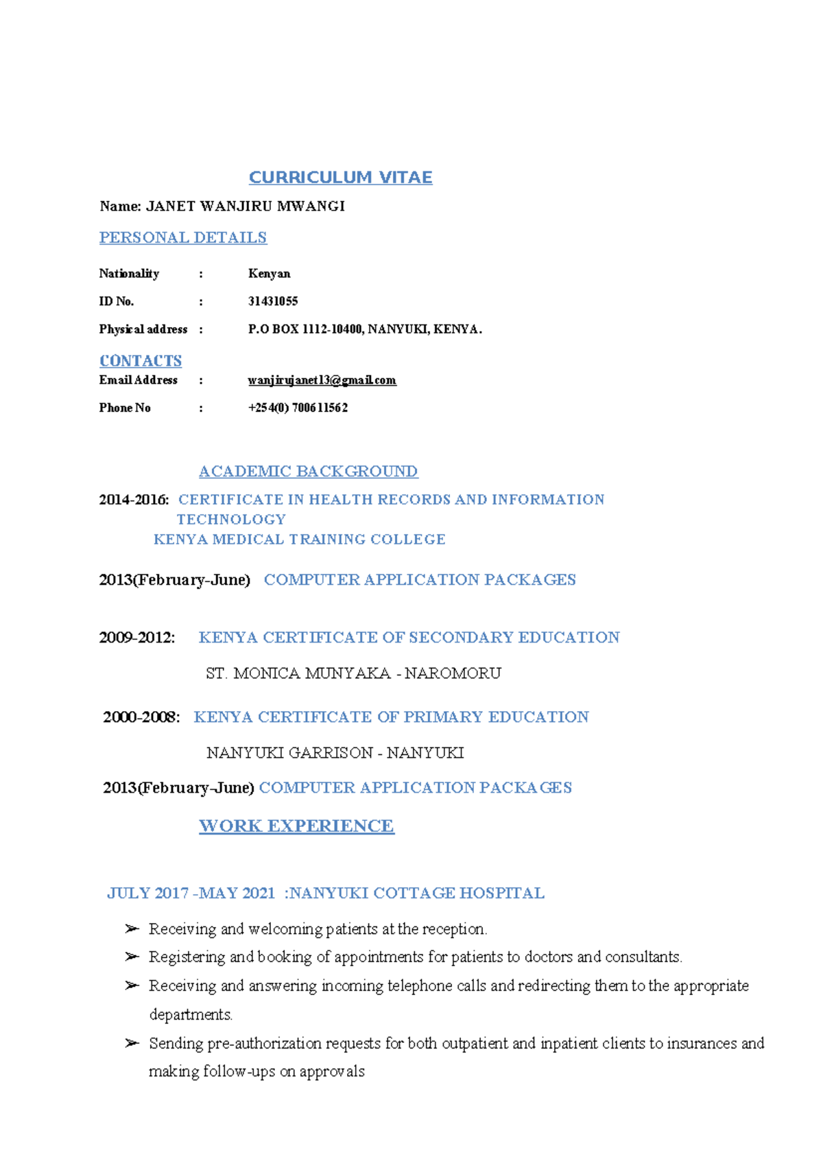 Curriculum Vitae - CURRICULUM VITAE Name: JANET WANJIRU MWANGI PERSONAL ...