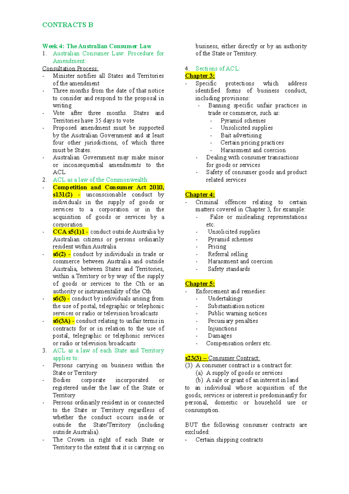 Week 4 CB - Lecture notes 4 - CONTRACTS B Week 4: The Australian ...