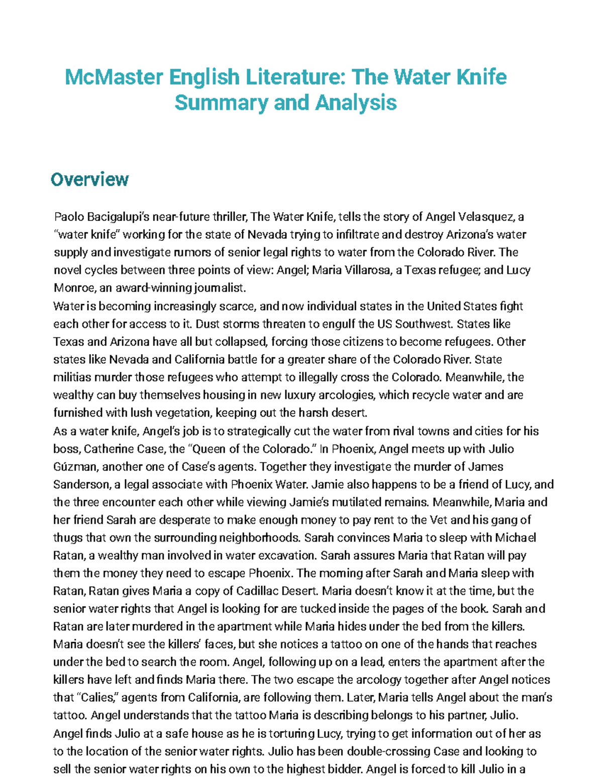 McMaster literature The Water Knife analysis and summary McMaster