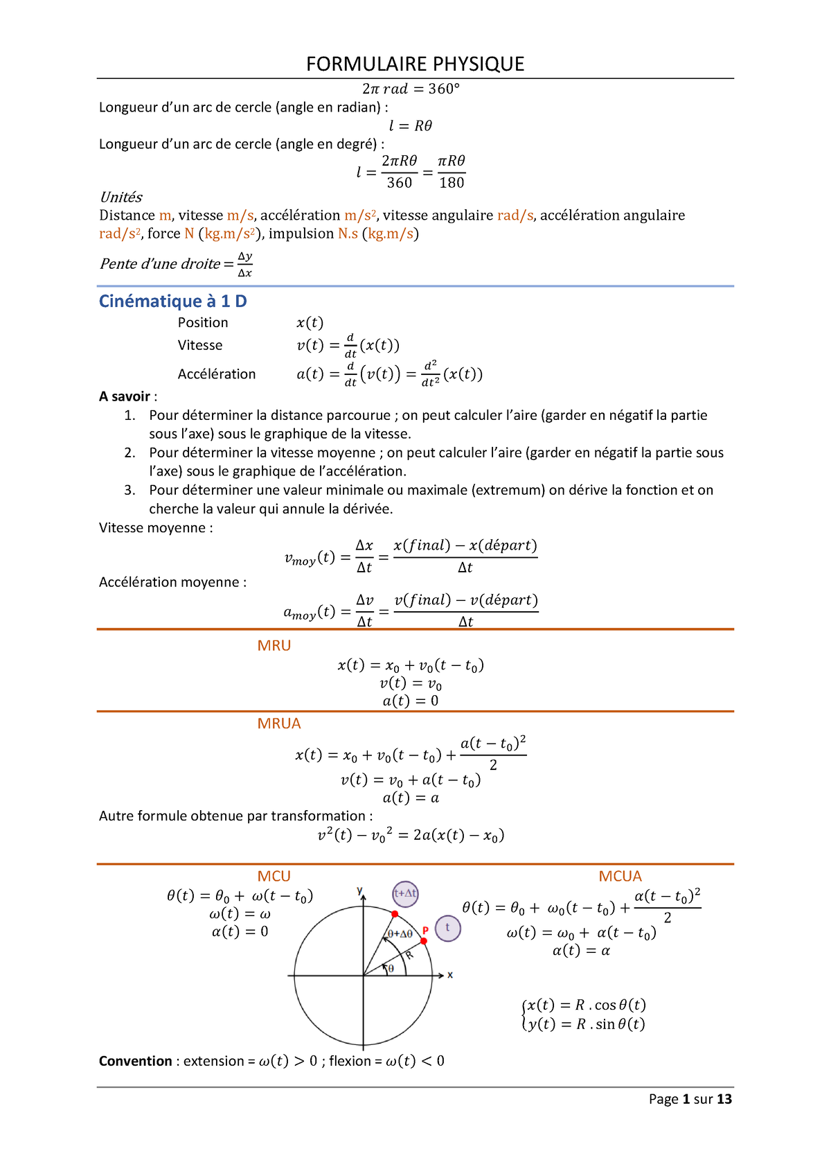 Formulaire Physique - 2𝜋 𝑟𝑎𝑑 = 360° Longueur d’un arc de cercle (angle ...