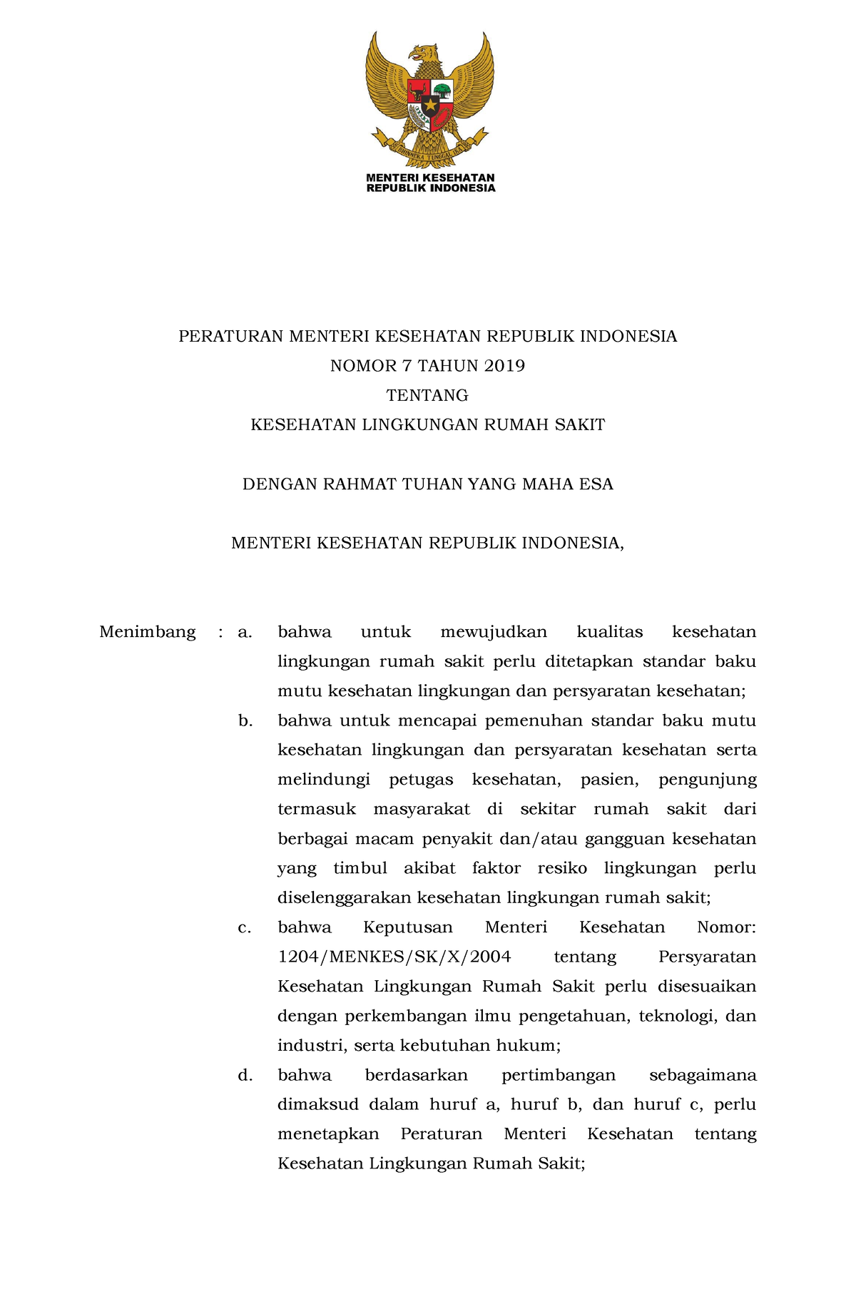 Permenkes Nomor 7 Tahun 2019 - PERATURAN MENTERI KESEHATAN REPUBLIK ...