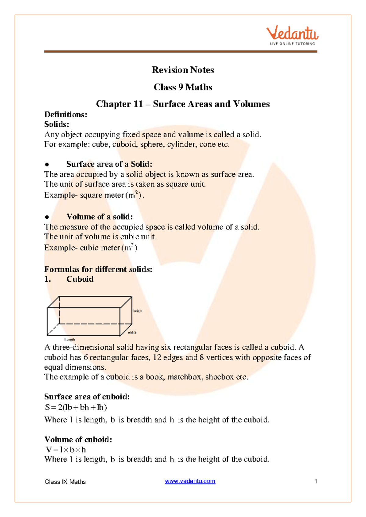 Surface Areas and Volumes Class 9 Notes CBSE Maths Chapter 11 [PDF ...