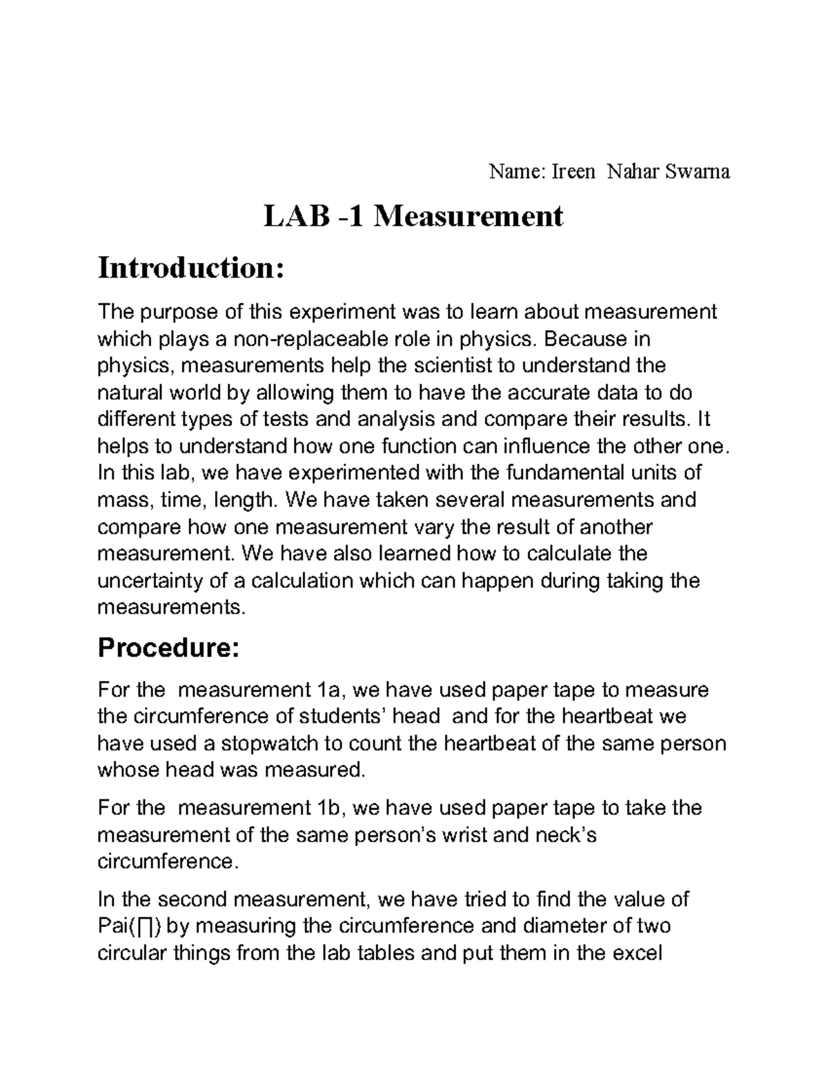 Lab Report 1 finall - Name: Ireen Nahar Swarna LAB - 1 Measurement ...