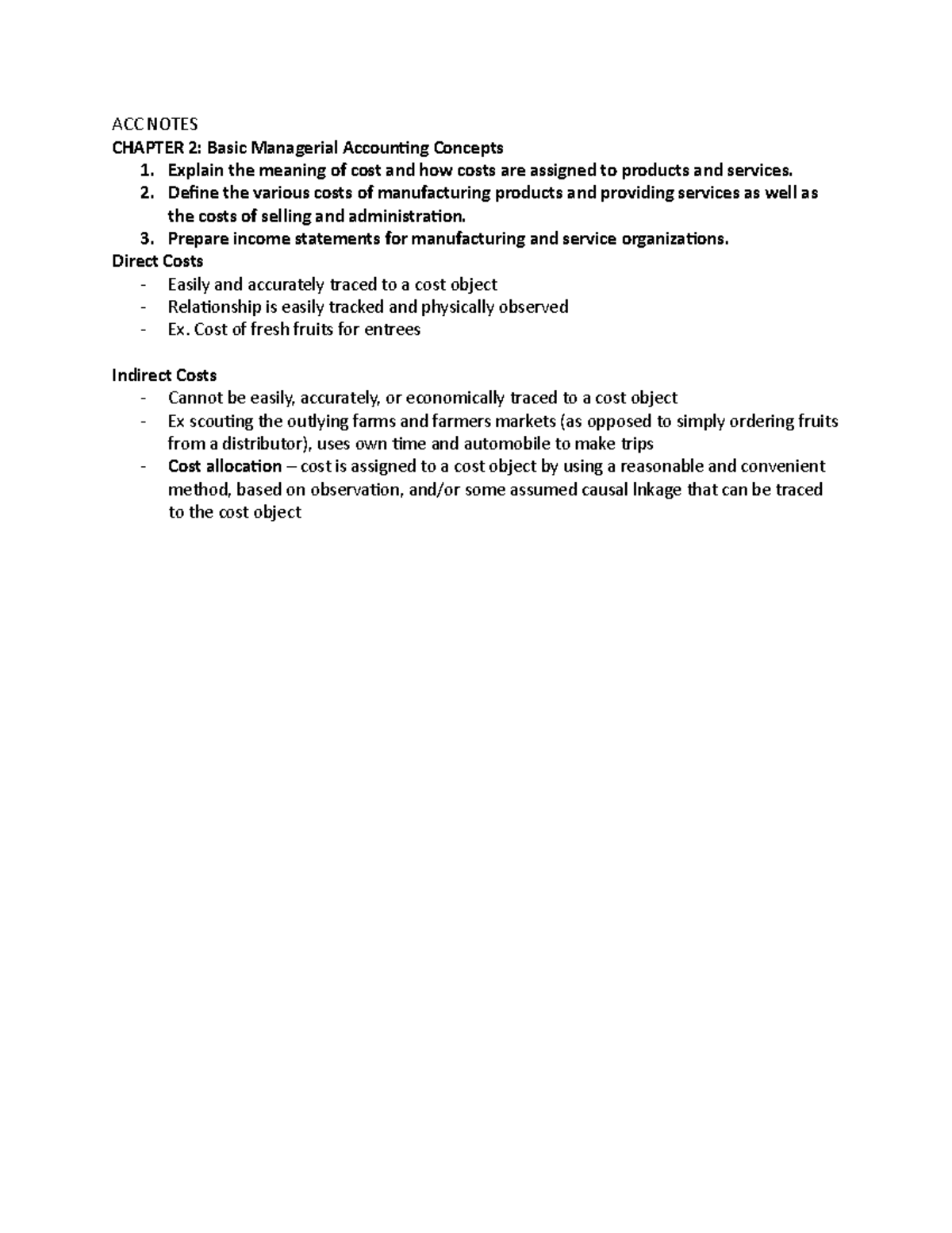 ACC Notes - ACC NOTES CHAPTER 2: Basic Managerial Accounting Concepts 1 ...