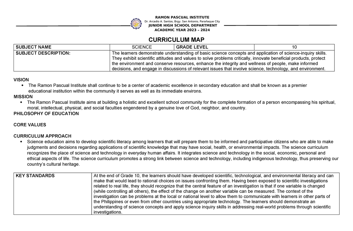 Curriculum MAP IN Science 10 - CURRICULUM MAP SUBJECT NAME SCIENCE ...