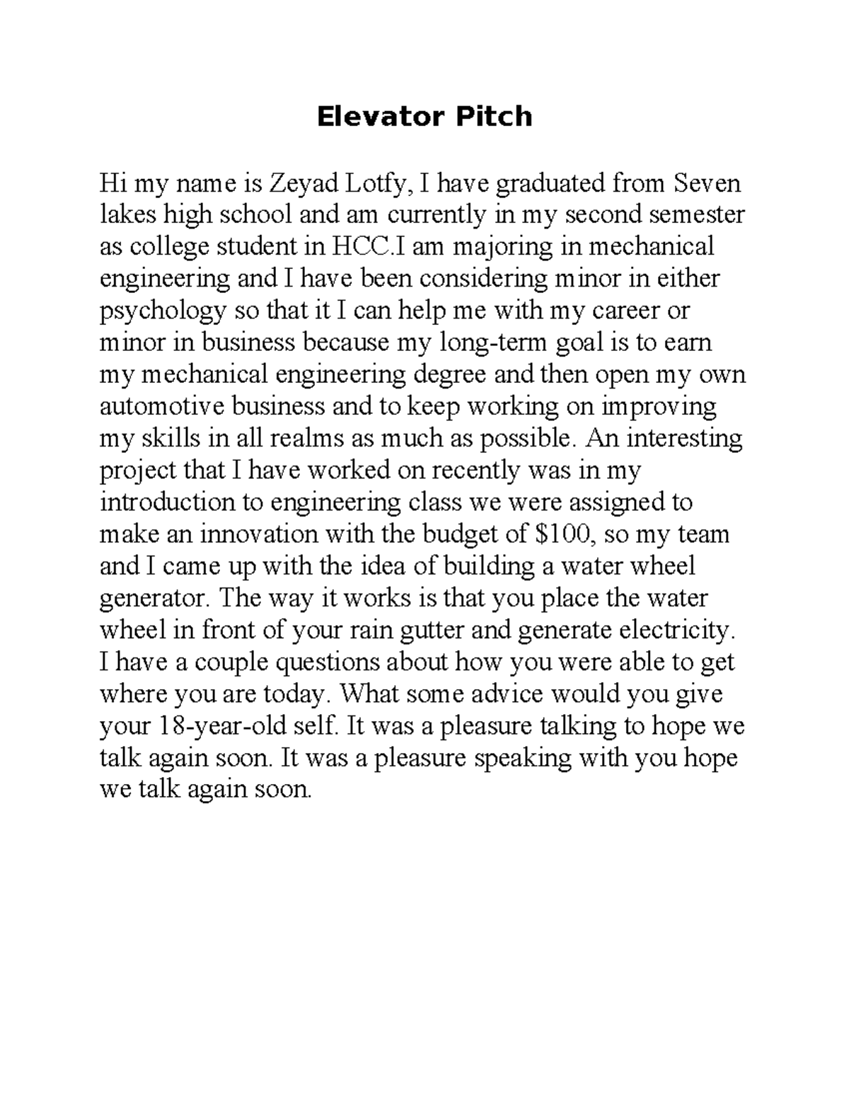 Elevator Pitch - An interesting project that I have worked on recently ...