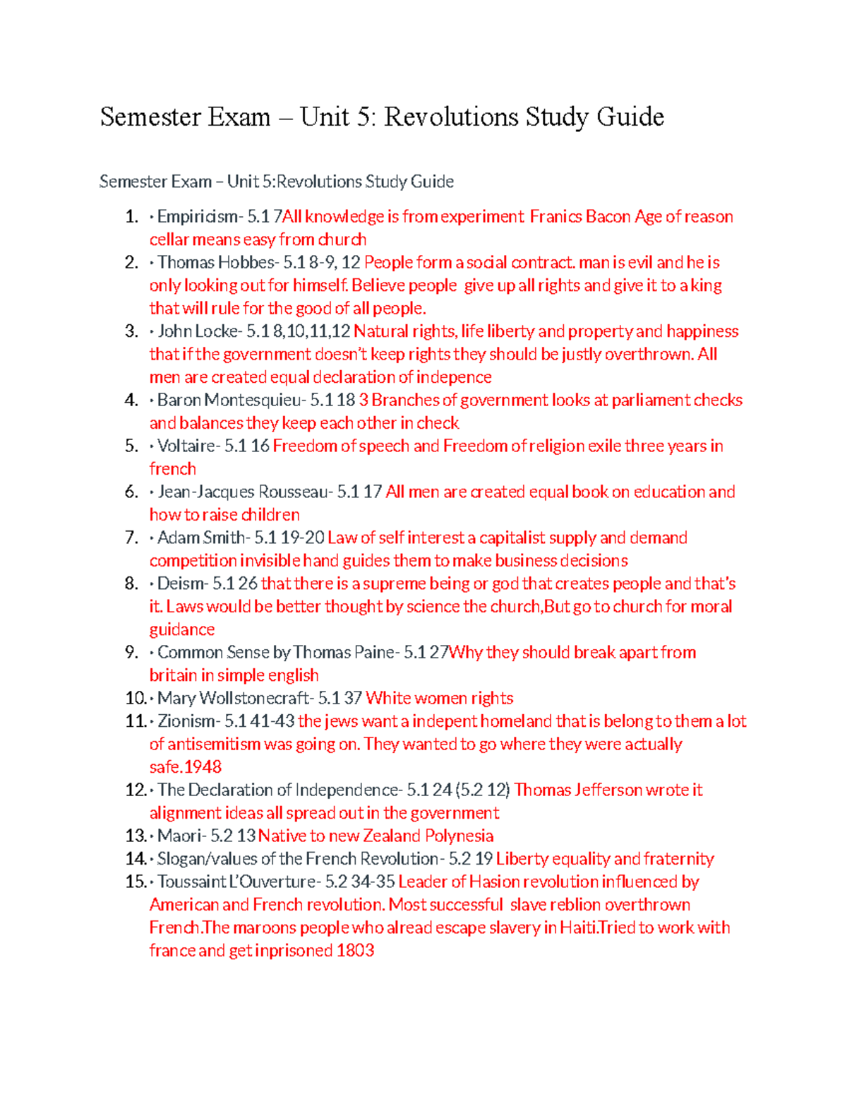 Semester Exam – Unit 5 Revolutions Study Guide - Semester Exam – Unit 5 ...