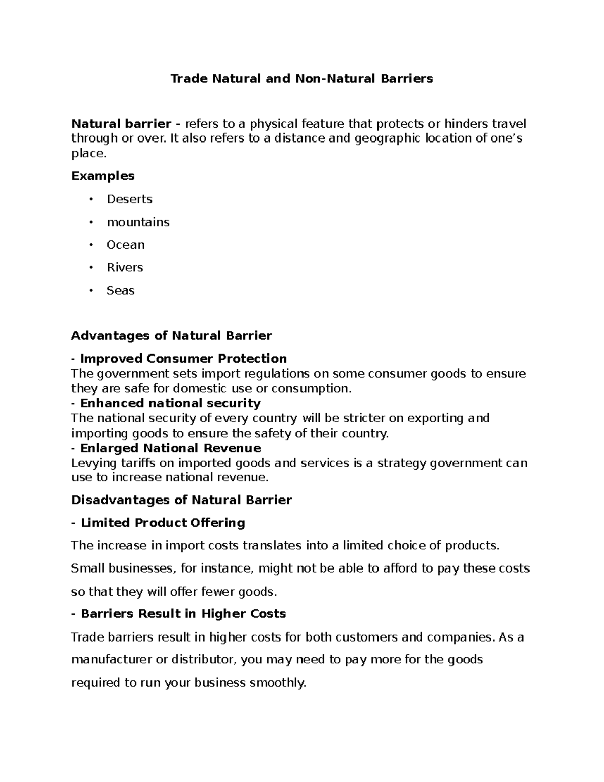 Trade Natural and NonNatural Barriers It also refers to a distance
