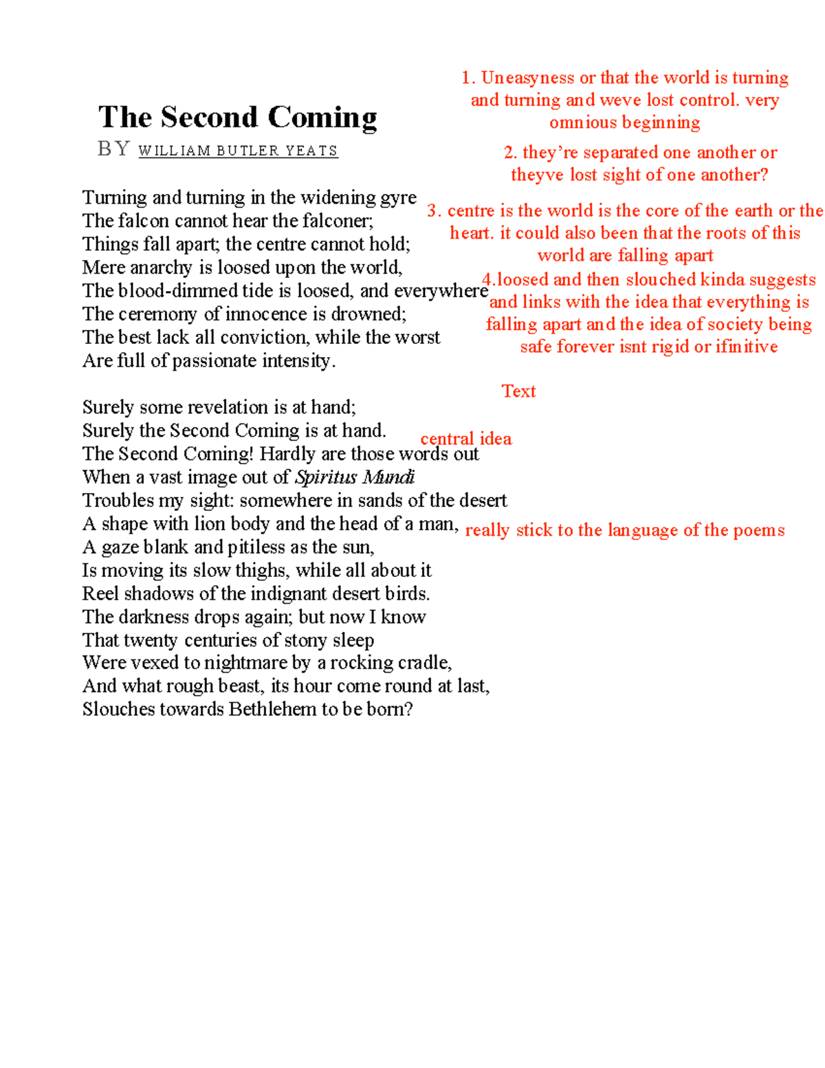 Yeats Poem Analysis - The Second Coming BY WILLIAM BUTLER YEATS Turning ...